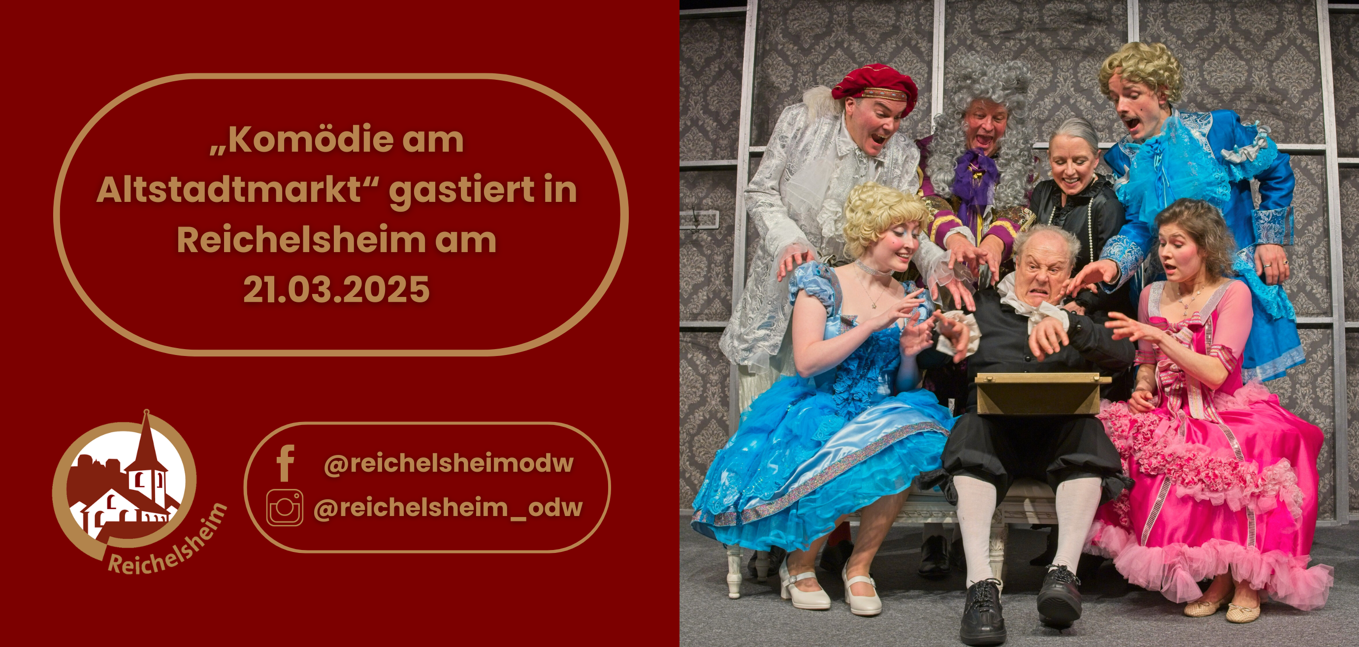 Zweigeteilte Übersicht. Auf der linken Seite ist der Titel des Artikels zu lesen und ein Hinweis auf die Social Media Kanäle der Gemeinde Reichelsheim zu sehen. Auf der rechten Seite ist ein zum Artikel passendes Bild platziert.