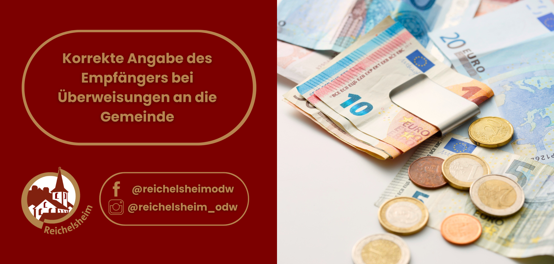 Zweigeteilte Übersicht. Auf der linken Seite ist der Titel des Artikels zu lesen und ein Hinweis auf die Social Media Kanäle der Gemeinde Reichelsheim zu sehen. Auf der rechten Seite ist ein zum Artikel passendes Bild platziert.