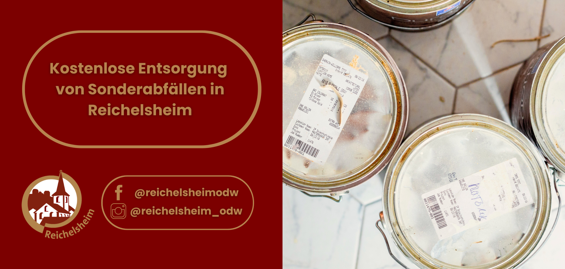 Zweigeteilte Übersicht. Auf der linken Seite ist der Titel des Artikels zu lesen und ein Hinweis auf die Social Media Kanäle der Gemeinde Reichelsheim zu sehen. Auf der rechten Seite ist ein zum Artikel passendes Bild platziert.