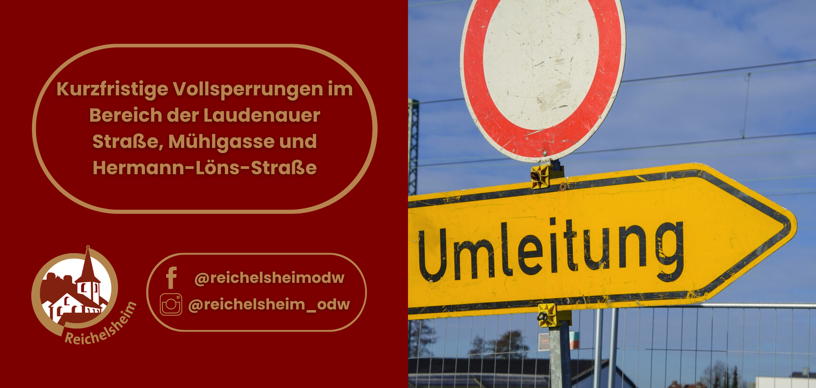 Zweigeteilte Übersicht. Auf der linken Seite ist der Titel des Artikels zu lesen und ein Hinweis auf die Social Media Kanäle der Gemeinde Reichelsheim zu sehen. Auf der rechten Seite ist ein zum Artikel passendes Bild platziert.