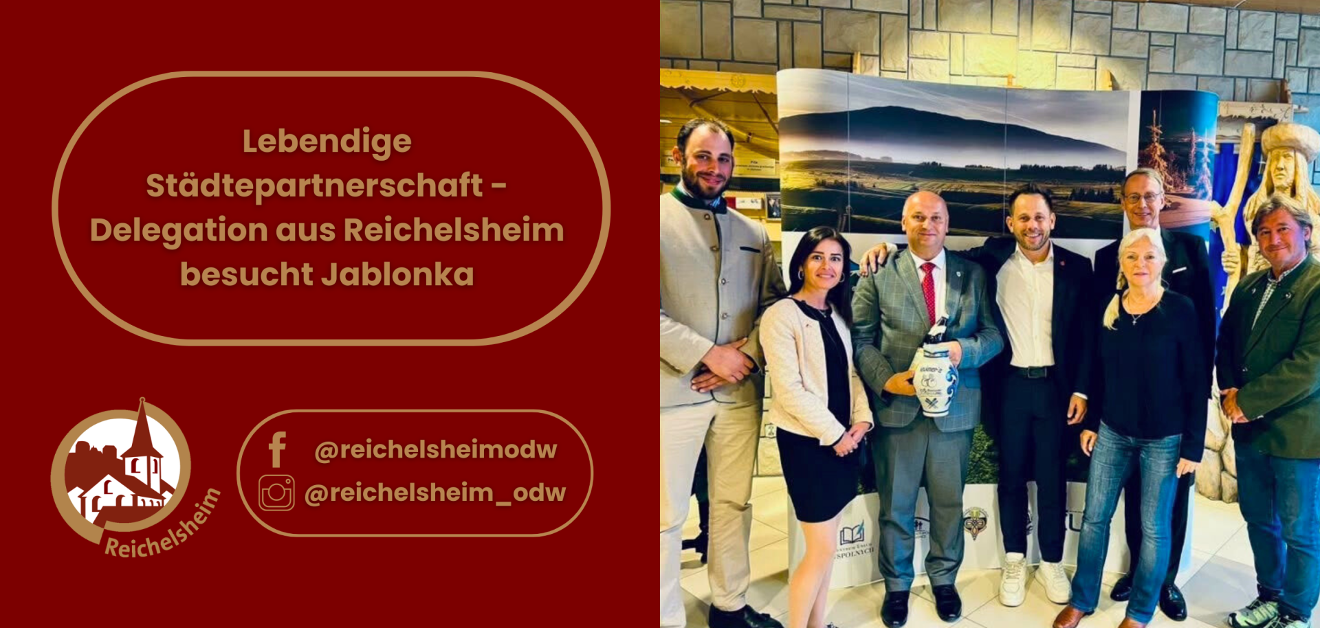 Zweigeteilte Übersicht. Auf der linken Seite ist der Titel des Artikels zu lesen und ein Hinweis auf die Social Media Kanäle der Gemeinde Reichelsheim zu sehen. Auf der rechten Seite ist ein zum Artikel passendes Bild platziert.