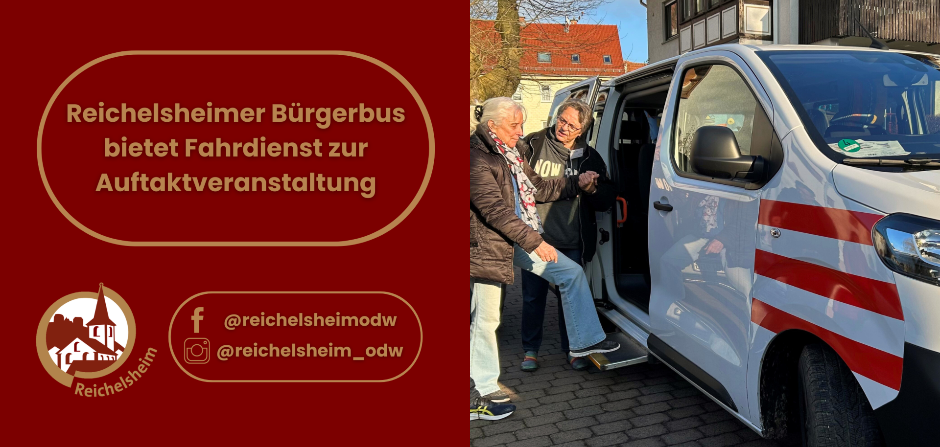 Zweigeteilte Übersicht. Auf der linken Seite ist der Titel des Artikels zu lesen und ein Hinweis auf die Social Media Kanäle der Gemeinde Reichelsheim zu sehen. Auf der rechten Seite ist ein zum Artikel passendes Bild platziert.