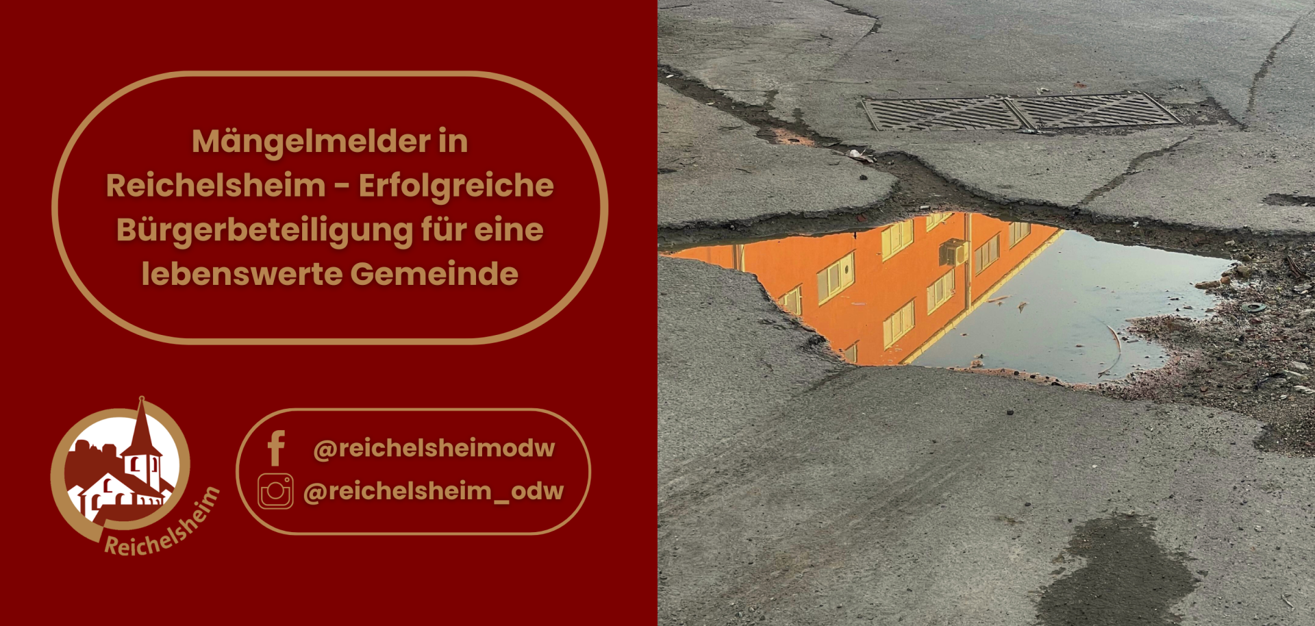 Zweigeteilte Übersicht. Auf der linken Seite ist der Titel des Artikels zu lesen und ein Hinweis auf die Social Media Kanäle der Gemeinde Reichelsheim zu sehen. Auf der rechten Seite ist ein zum Artikel passendes Bild platziert.