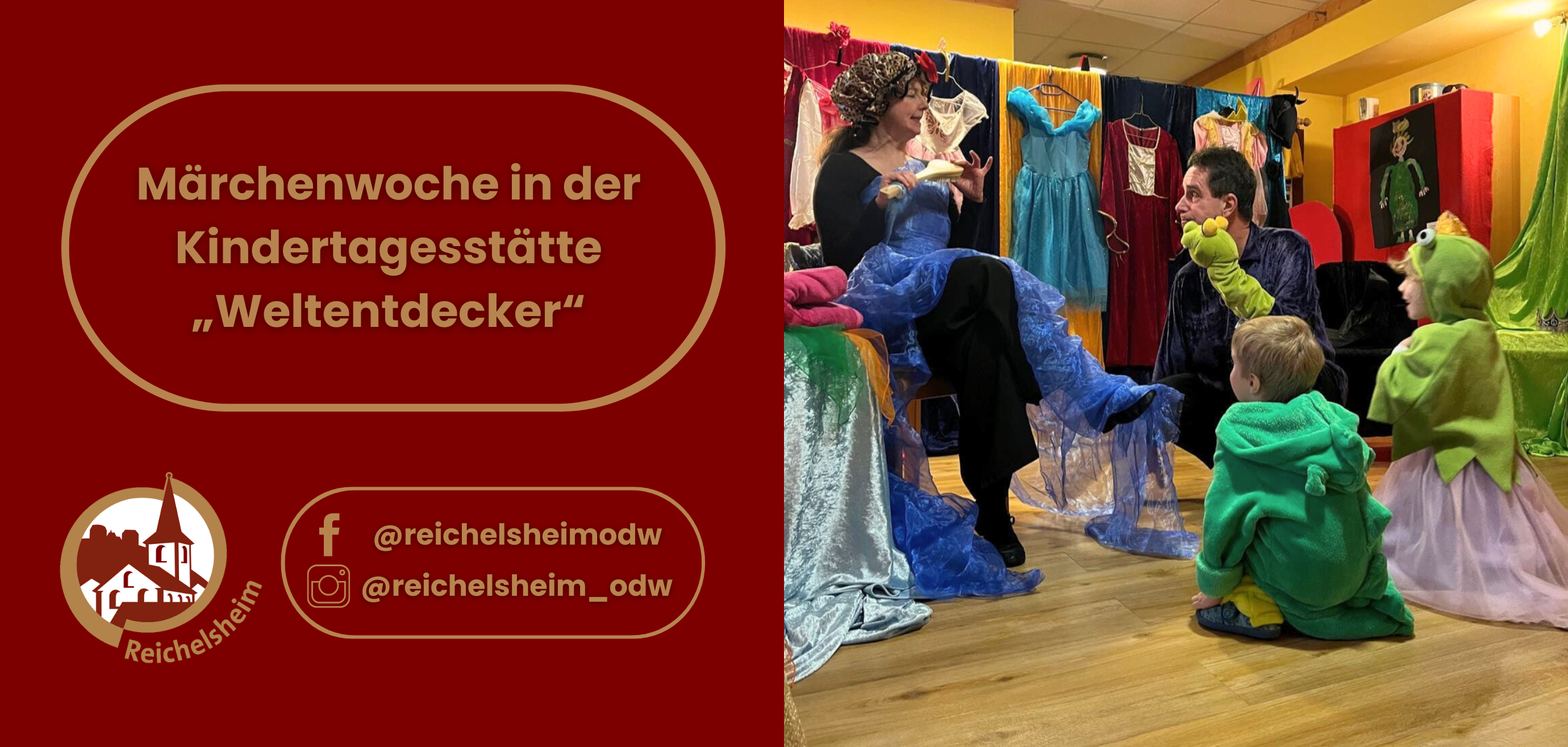 Zweigeteilte Übersicht. Auf der linken Seite ist der Titel des Artikels zu lesen und ein Hinweis auf die Social Media Kanäle der Gemeinde Reichelsheim zu sehen. Auf der rechten Seite ist ein zum Artikel passendes Bild platziert.