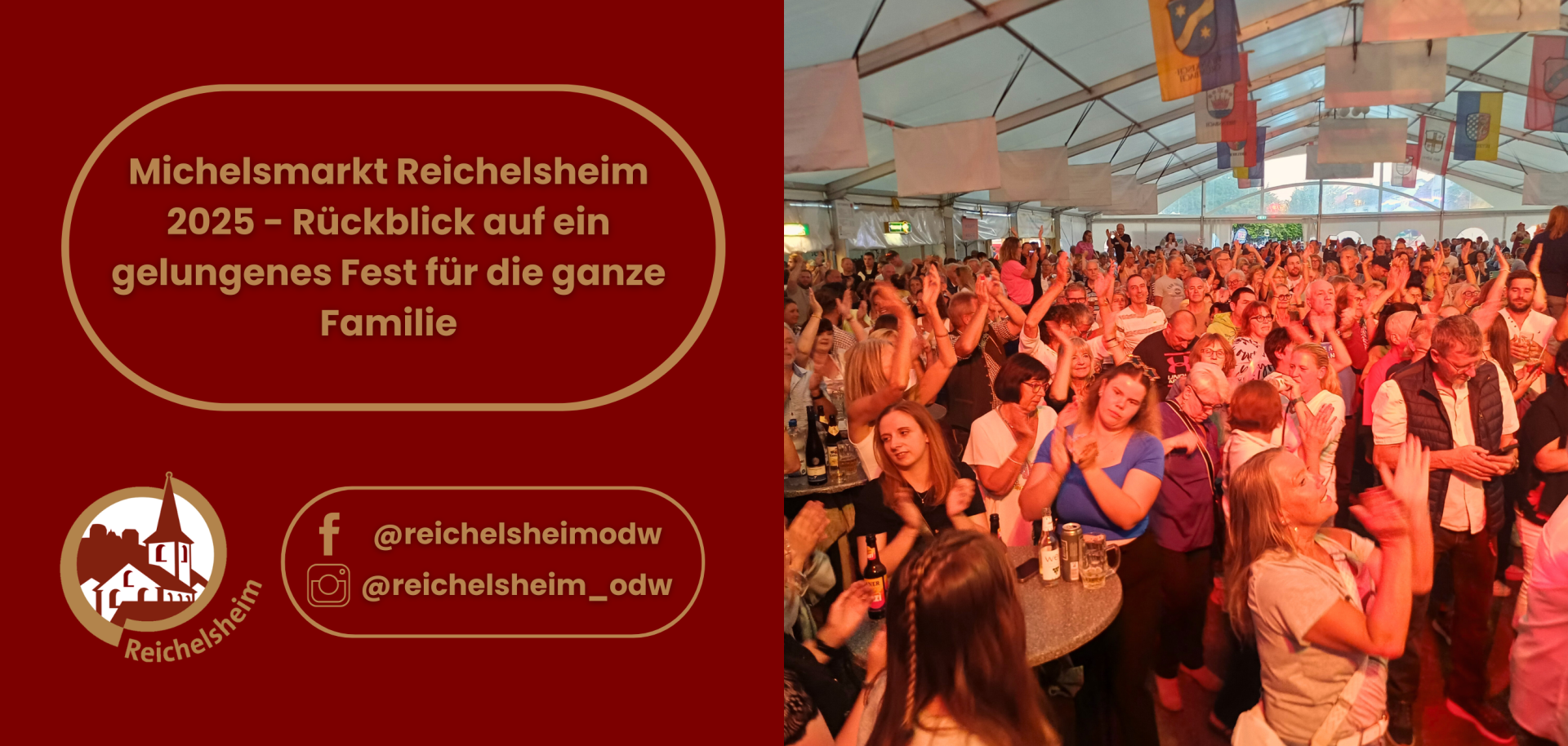 Zweigeteilte Übersicht. Auf der linken Seite ist der Titel des Artikels zu lesen und ein Hinweis auf die Social Media Kanäle der Gemeinde Reichelsheim zu sehen. Auf der rechten Seite ist ein zum Artikel passendes Bild platziert.