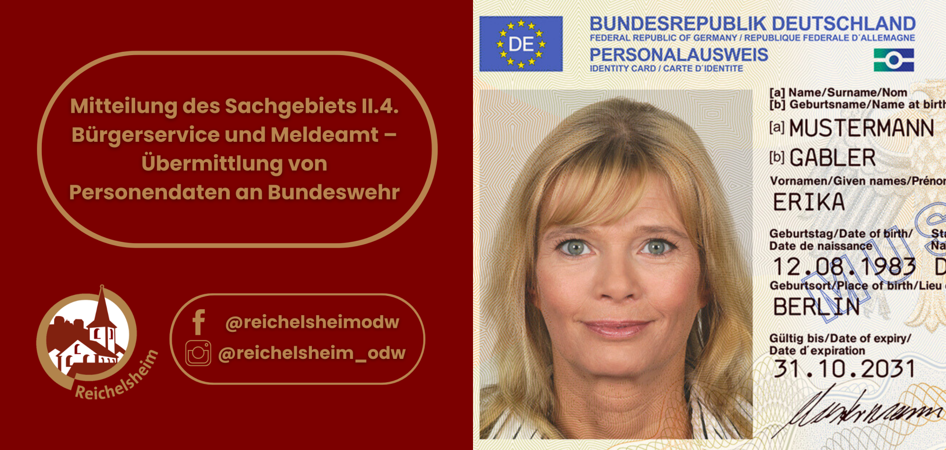 Zweigeteilte Übersicht. Auf der linken Seite ist der Titel des Artikels zu lesen und ein Hinweis auf die Social Media Kanäle der Gemeinde Reichelsheim zu sehen. Auf der rechten Seite ist ein zum Artikel passendes Bild platziert.