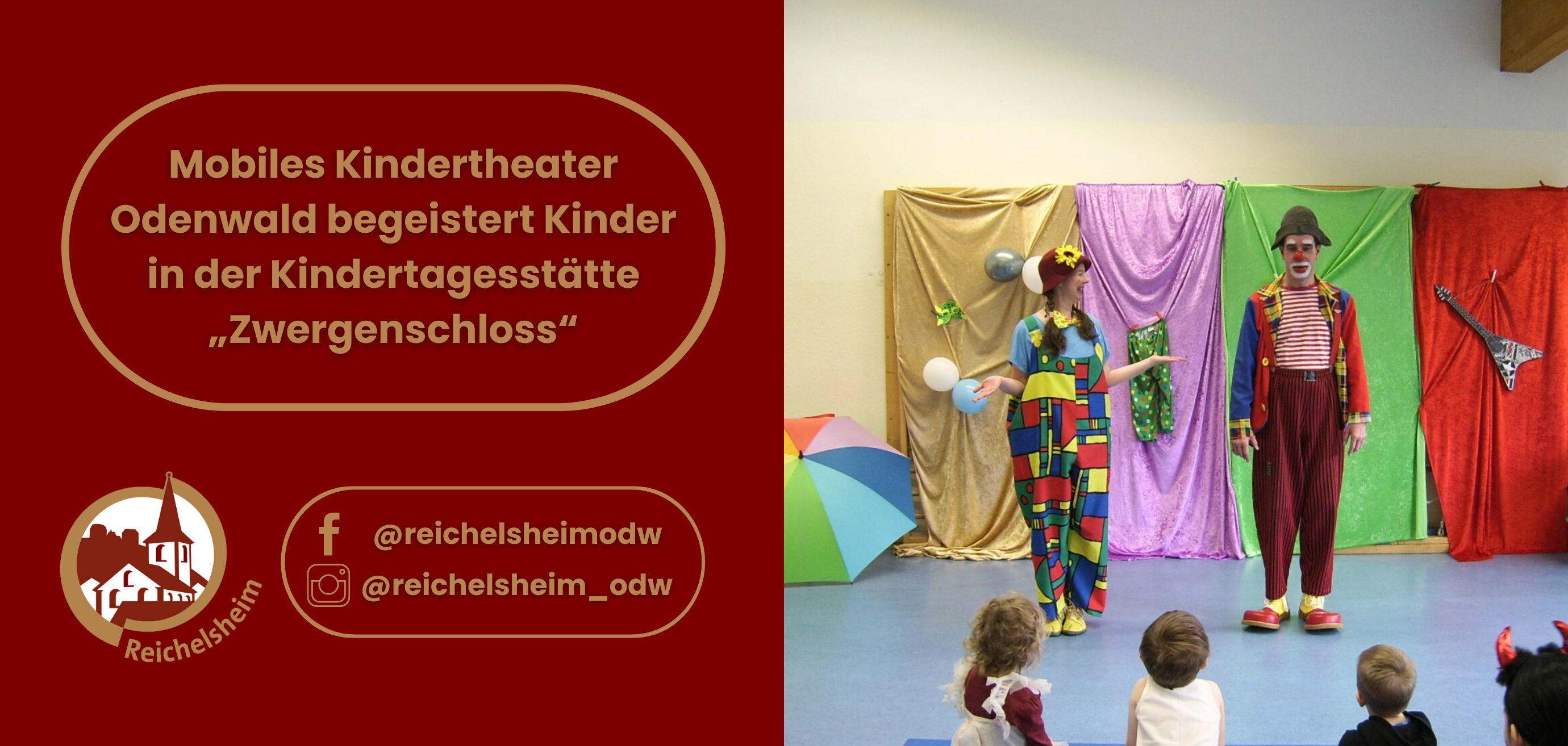 Zweigeteilte Übersicht. Auf der linken Seite ist der Titel des Artikels zu lesen und ein Hinweis auf die Social Media Kanäle der Gemeinde Reichelsheim zu sehen. Auf der rechten Seite ist ein zum Artikel passendes Bild platziert.