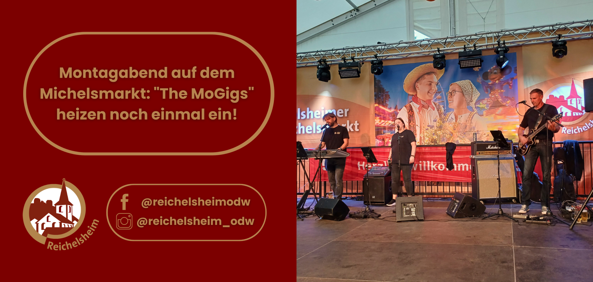 Zweigeteilte Übersicht. Auf der linken Seite ist der Titel des Artikels zu lesen und ein Hinweis auf die Social Media Kanäle der Gemeinde Reichelsheim zu sehen. Auf der rechten Seite ist ein zum Artikel passendes Bild platziert.