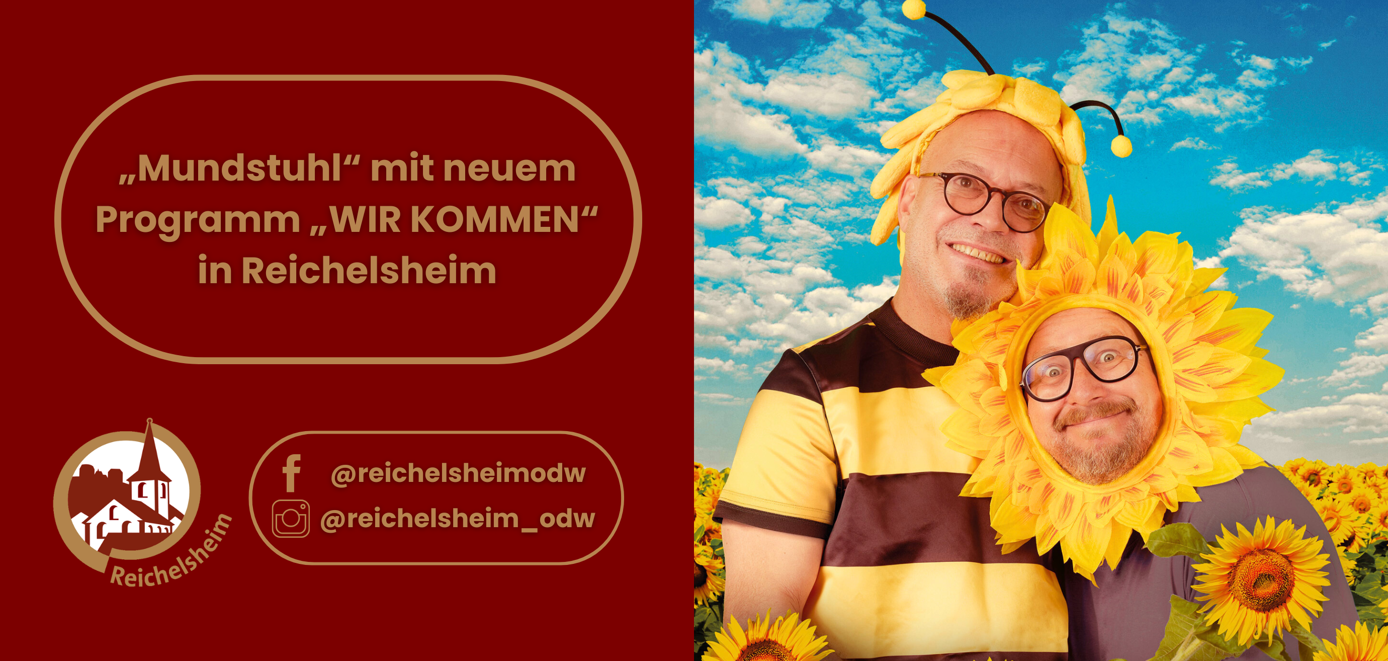 Zweigeteilte Übersicht. Auf der linken Seite ist der Titel des Artikels zu lesen und ein Hinweis auf die Social Media Kanäle der Gemeinde Reichelsheim zu sehen. Auf der rechten Seite ist ein zum Artikel passendes Bild platziert.