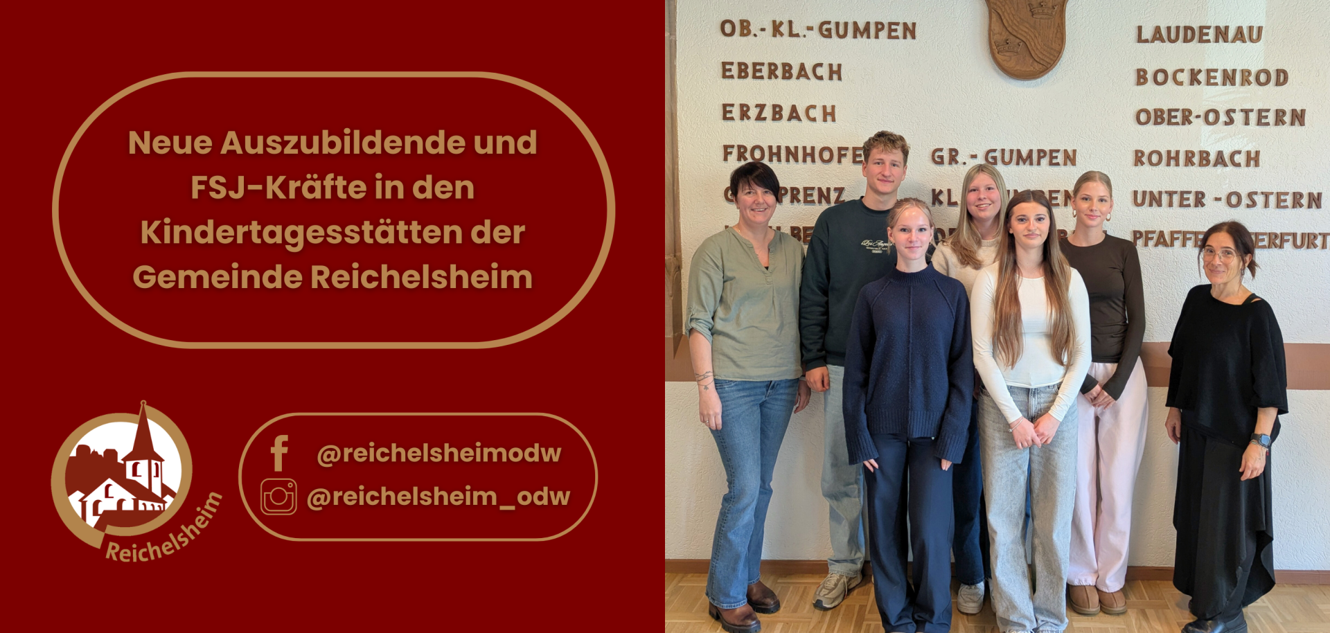 Zweigeteilte Übersicht. Auf der linken Seite ist der Titel des Artikels zu lesen und ein Hinweis auf die Social Media Kanäle der Gemeinde Reichelsheim zu sehen. Auf der rechten Seite ist ein zum Artikel passendes Bild platziert.