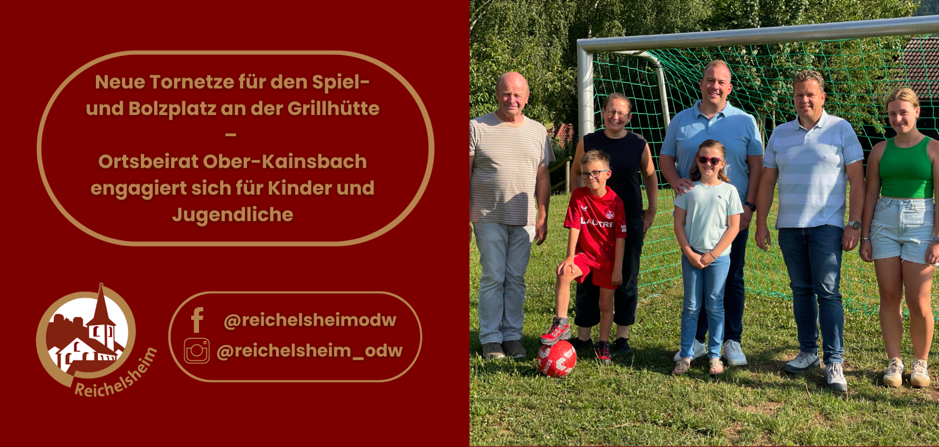 Zweigeteilte Übersicht. Auf der linken Seite ist der Titel des Artikels zu lesen und ein Hinweis auf die Social Media Kanäle der Gemeinde Reichelsheim zu sehen. Auf der rechten Seite ist ein zum Artikel passendes Bild platziert.