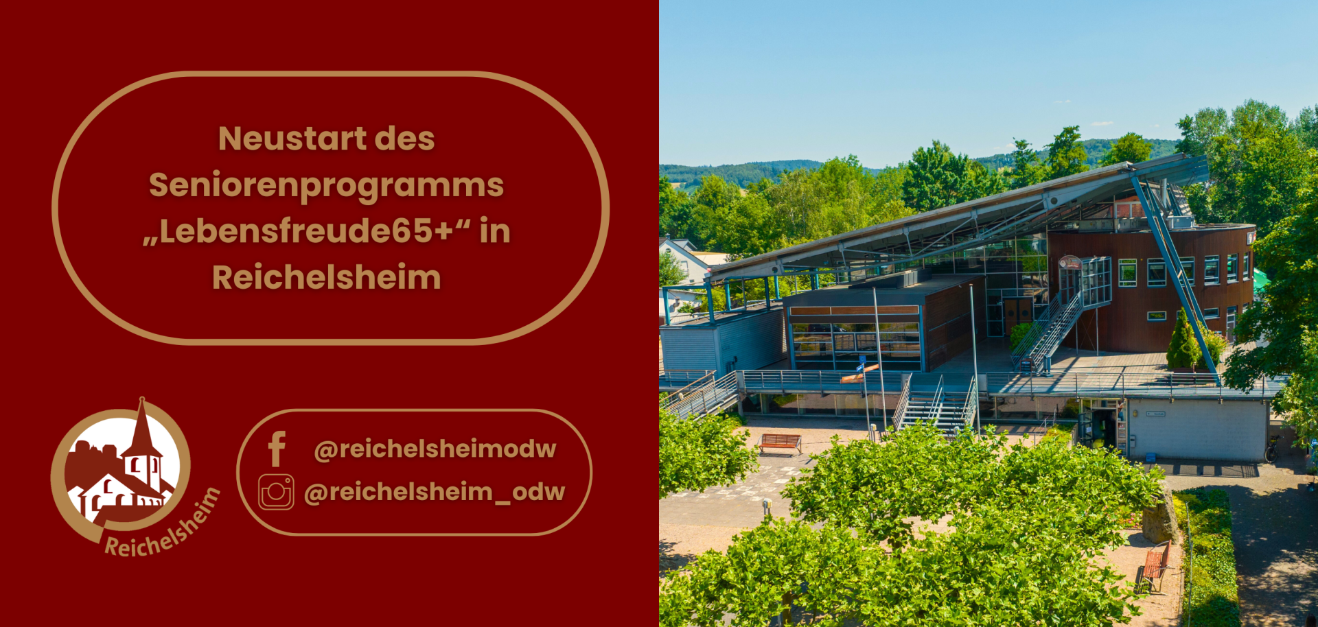 Zweigeteilte Übersicht. Auf der linken Seite ist der Titel des Artikels zu lesen und ein Hinweis auf die Social Media Kanäle der Gemeinde Reichelsheim zu sehen. Auf der rechten Seite ist ein zum Artikel passendes Bild platziert.