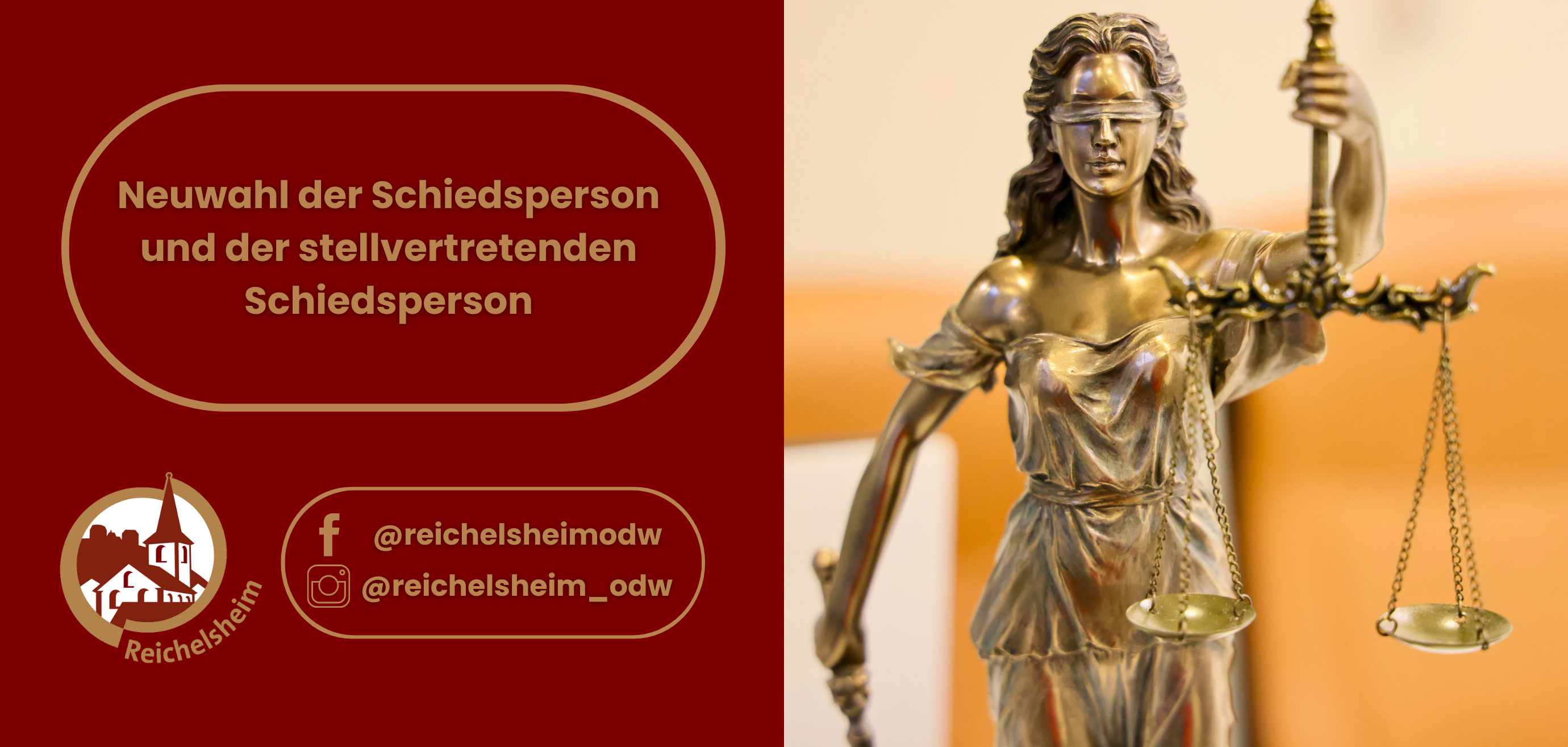 Zweigeteilte Übersicht. Auf der linken Seite ist der Titel des Artikels zu lesen und ein Hinweis auf die Social Media Kanäle der Gemeinde Reichelsheim zu sehen. Auf der rechten Seite ist ein zum Artikel passendes Bild platziert.