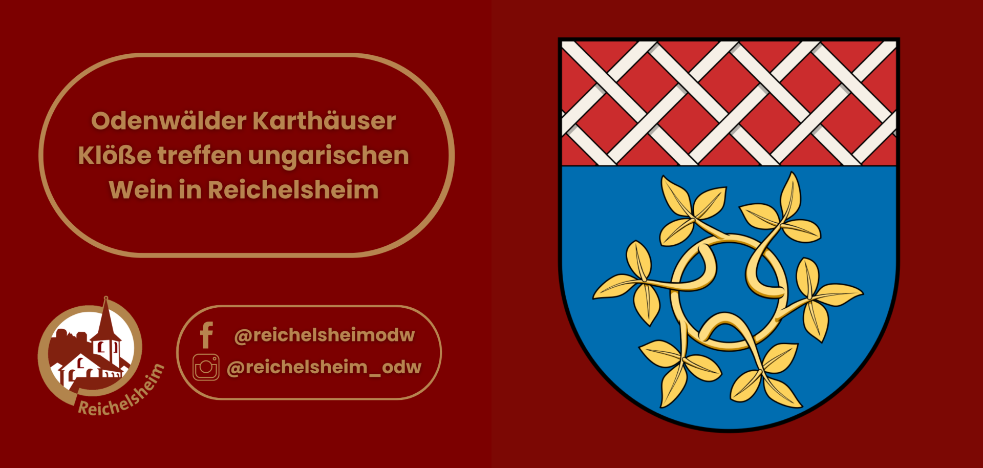 Zweigeteilte Übersicht. Auf der linken Seite ist der Titel des Artikels zu lesen und ein Hinweis auf die Social Media Kanäle der Gemeinde Reichelsheim zu sehen. Auf der rechten Seite ist ein zum Artikel passendes Bild platziert.