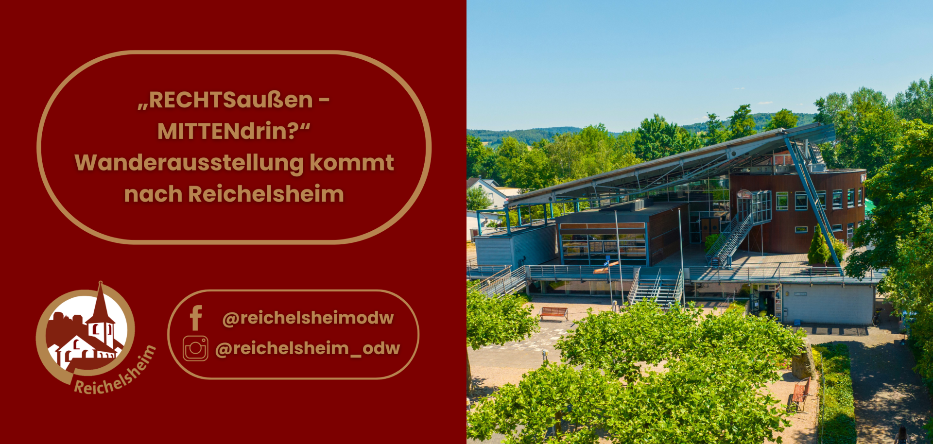 Zweigeteilte Übersicht. Auf der linken Seite ist der Titel des Artikels zu lesen und ein Hinweis auf die Social Media Kanäle der Gemeinde Reichelsheim zu sehen. Auf der rechten Seite ist ein zum Artikel passendes Bild platziert.