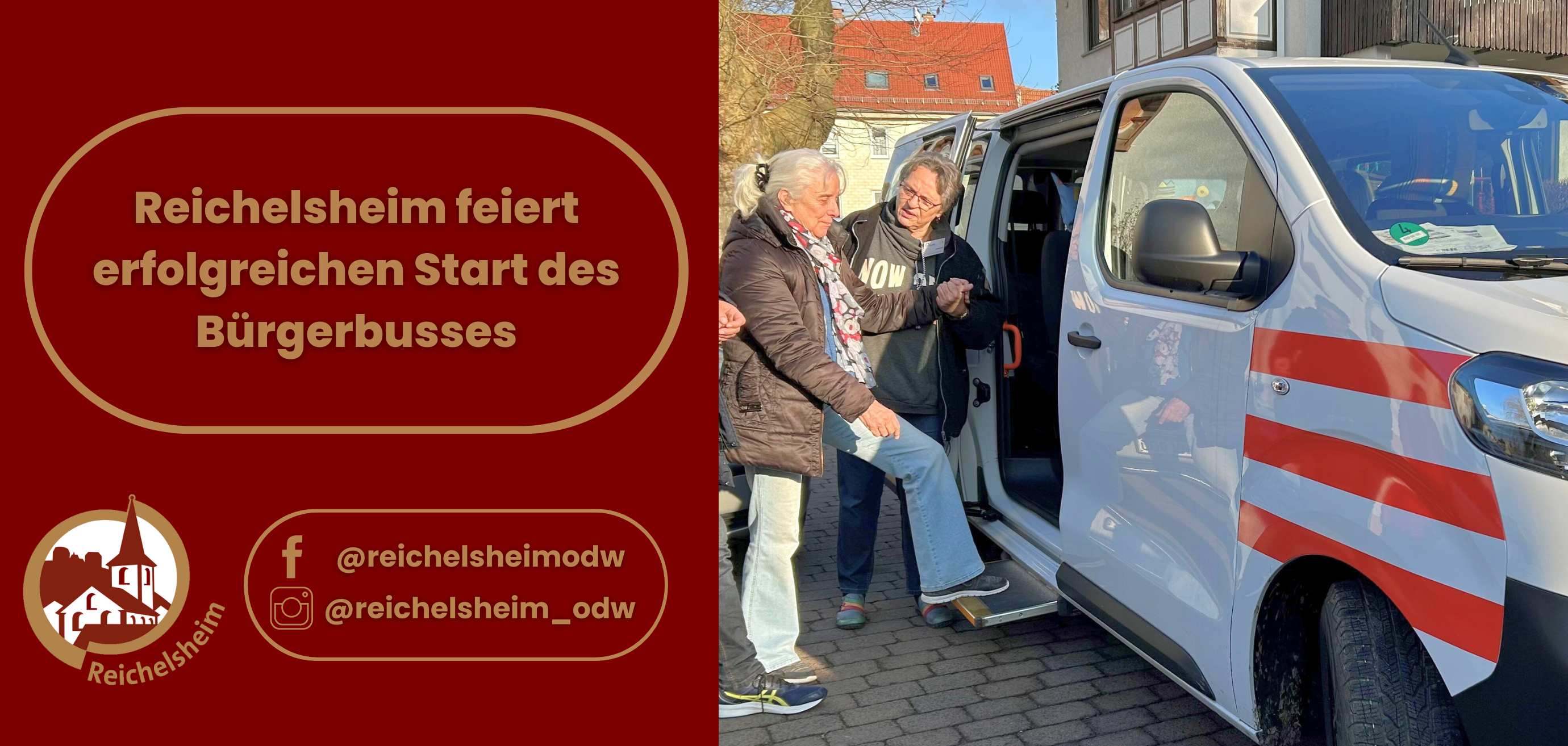 Zweigeteilte Übersicht. Auf der linken Seite ist der Titel des Artikels zu lesen und ein Hinweis auf die Social Media Kanäle der Gemeinde Reichelsheim zu sehen. Auf der rechten Seite ist ein zum Artikel passendes Bild platziert.