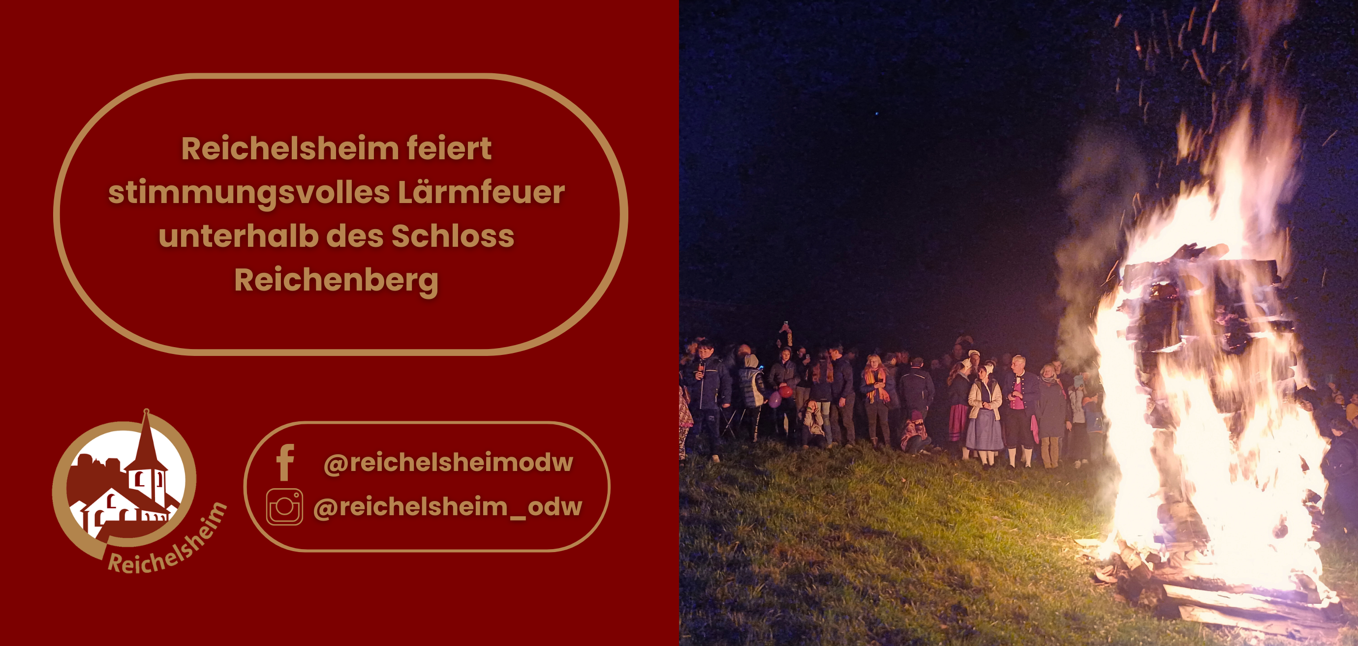 Zweigeteilte Übersicht. Auf der linken Seite ist der Titel des Artikels zu lesen und ein Hinweis auf die Social Media Kanäle der Gemeinde Reichelsheim zu sehen. Auf der rechten Seite ist ein zum Artikel passendes Bild platziert.