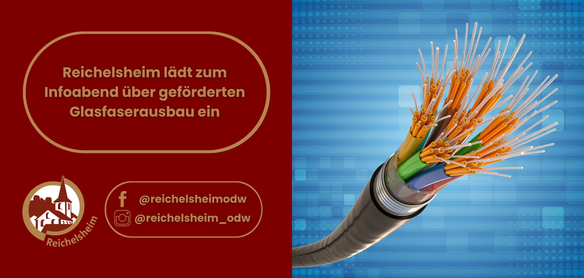 Zweigeteilte Übersicht. Auf der linken Seite ist der Titel des Artikels zu lesen und ein Hinweis auf die Social Media Kanäle der Gemeinde Reichelsheim zu sehen. Auf der rechten Seite ist ein zum Artikel passendes Bild platziert.