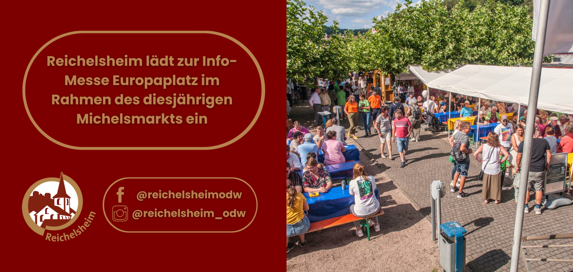 Zweigeteilte Übersicht. Auf der linken Seite ist der Titel des Artikels zu lesen und ein Hinweis auf die Social Media Kanäle der Gemeinde Reichelsheim zu sehen. Auf der rechten Seite ist ein zum Artikel passendes Bild platziert.