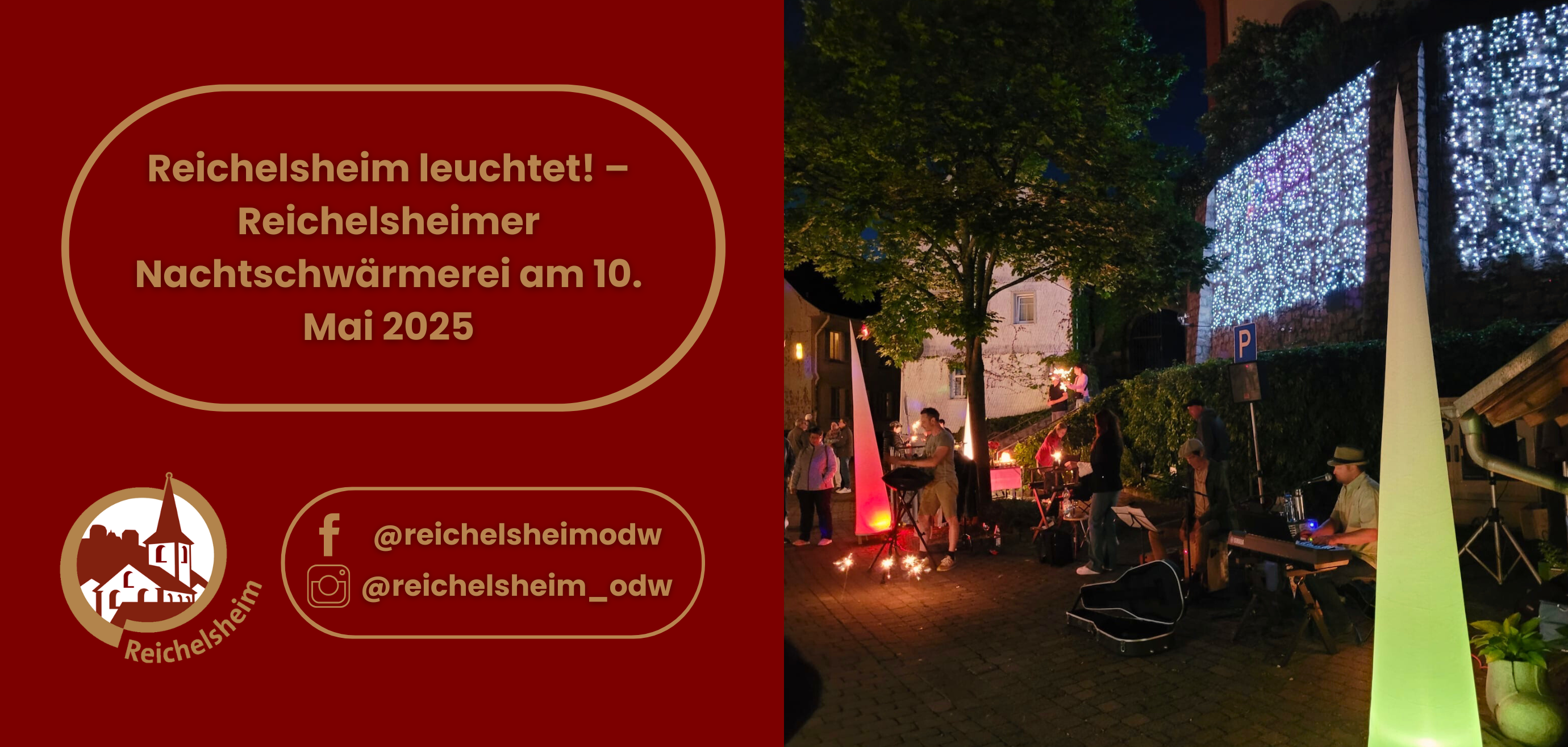 Zweigeteilte Übersicht. Auf der linken Seite ist der Titel des Artikels zu lesen und ein Hinweis auf die Social Media Kanäle der Gemeinde Reichelsheim zu sehen. Auf der rechten Seite ist ein zum Artikel passendes Bild platziert.