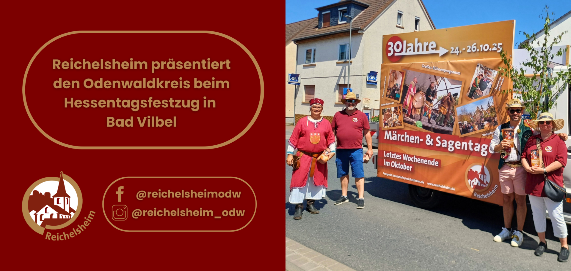 Zweigeteilte Übersicht. Auf der linken Seite ist der Titel des Artikels zu lesen und ein Hinweis auf die Social Media Kanäle der Gemeinde Reichelsheim zu sehen. Auf der rechten Seite ist ein zum Artikel passendes Bild platziert.