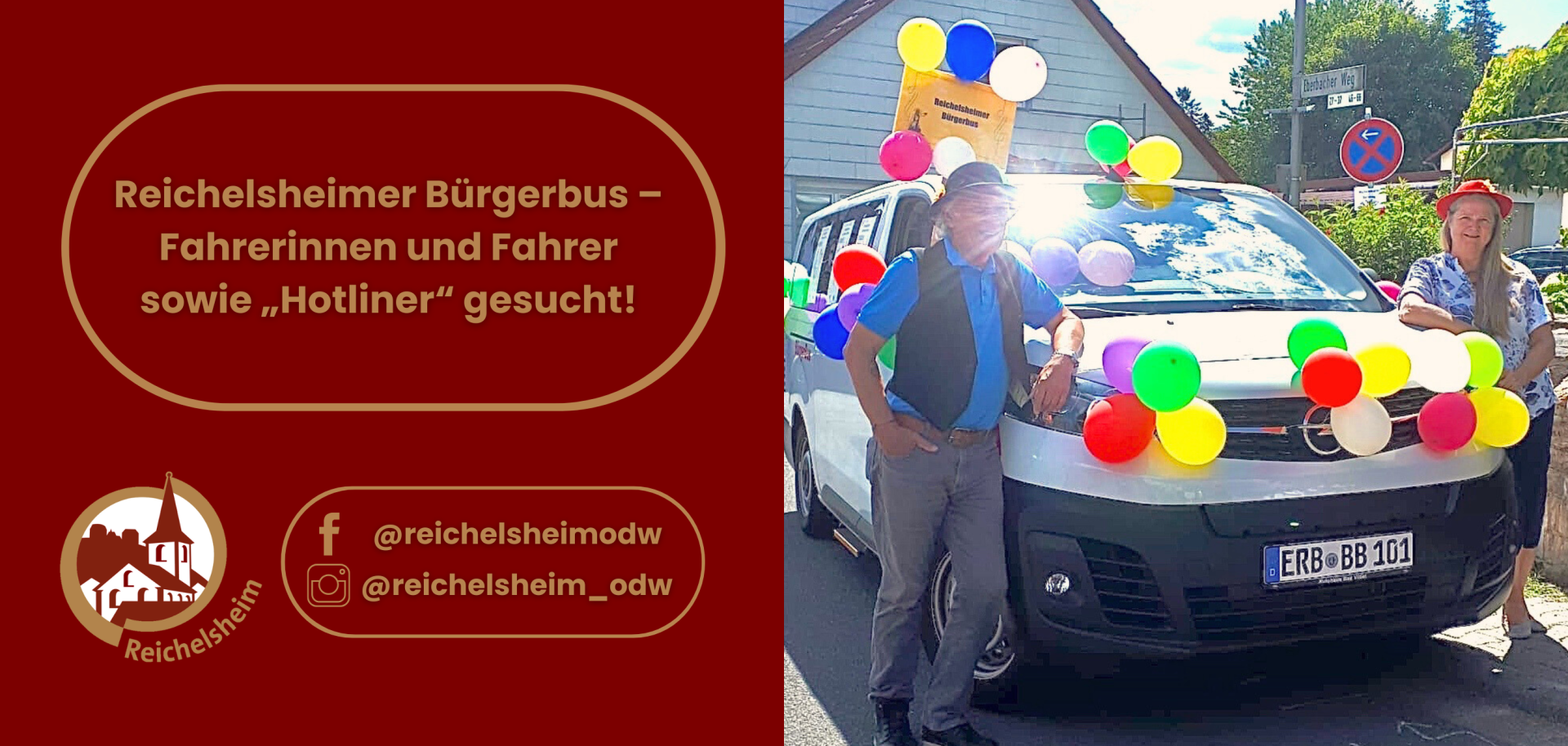 Zweigeteilte Übersicht. Auf der linken Seite ist der Titel des Artikels zu lesen und ein Hinweis auf die Social Media Kanäle der Gemeinde Reichelsheim zu sehen. Auf der rechten Seite ist ein zum Artikel passendes Bild platziert.