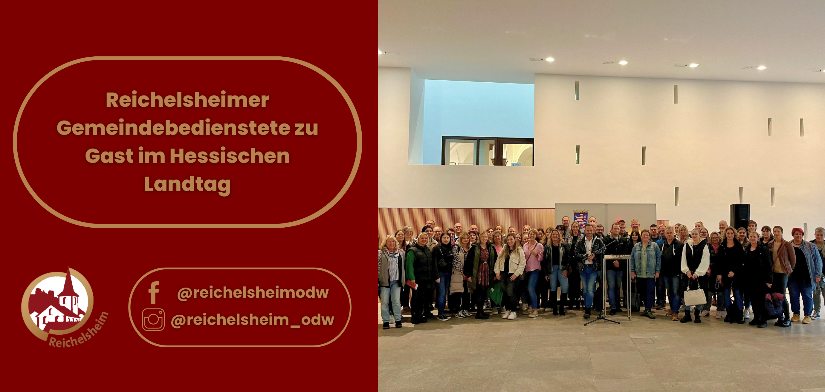 Zweigeteilte Übersicht. Auf der linken Seite ist der Titel des Artikels zu lesen und ein Hinweis auf die Social Media Kanäle der Gemeinde Reichelsheim zu sehen. Auf der rechten Seite ist ein zum Artikel passendes Bild platziert.