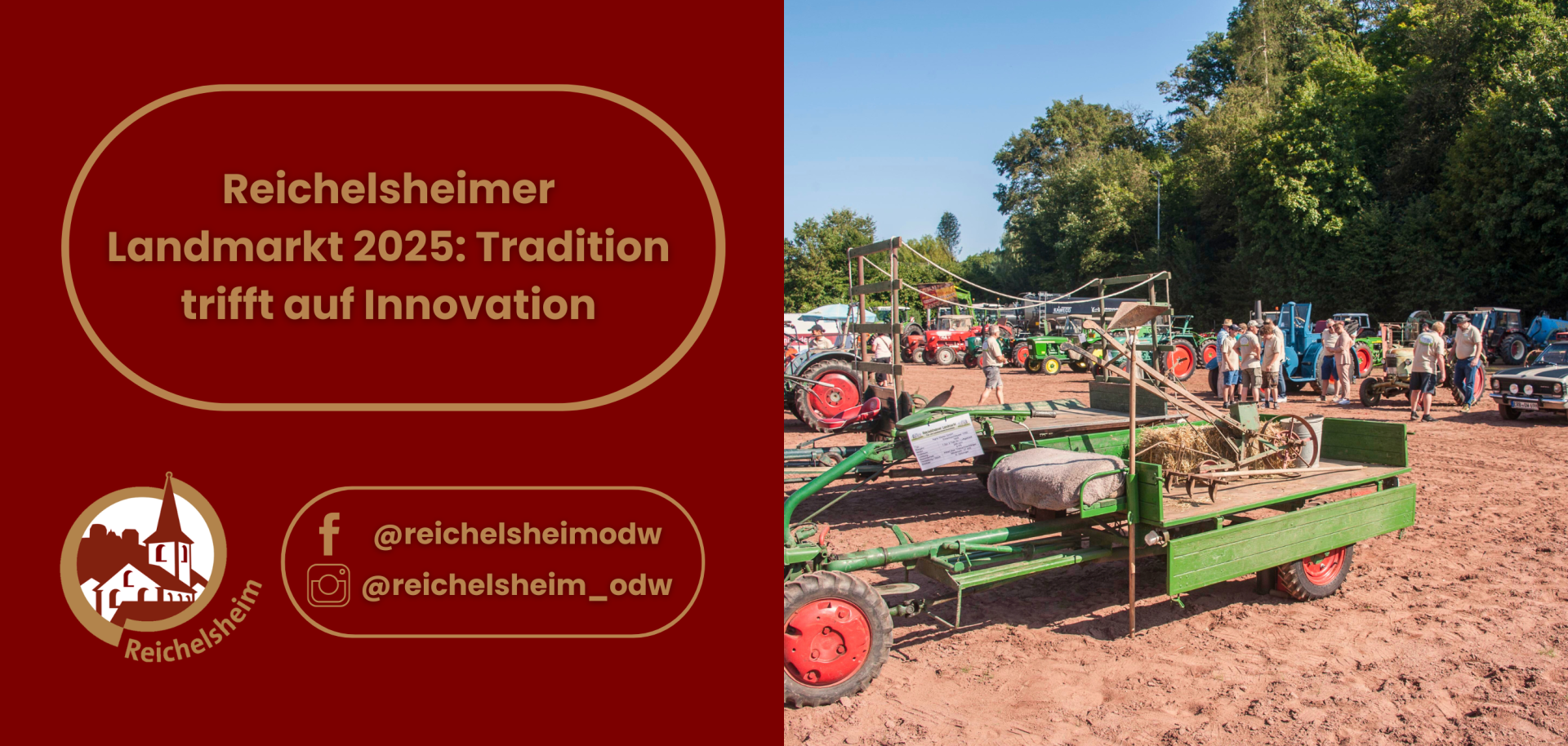 Zweigeteilte Übersicht. Auf der linken Seite ist der Titel des Artikels zu lesen und ein Hinweis auf die Social Media Kanäle der Gemeinde Reichelsheim zu sehen. Auf der rechten Seite ist ein zum Artikel passendes Bild platziert.