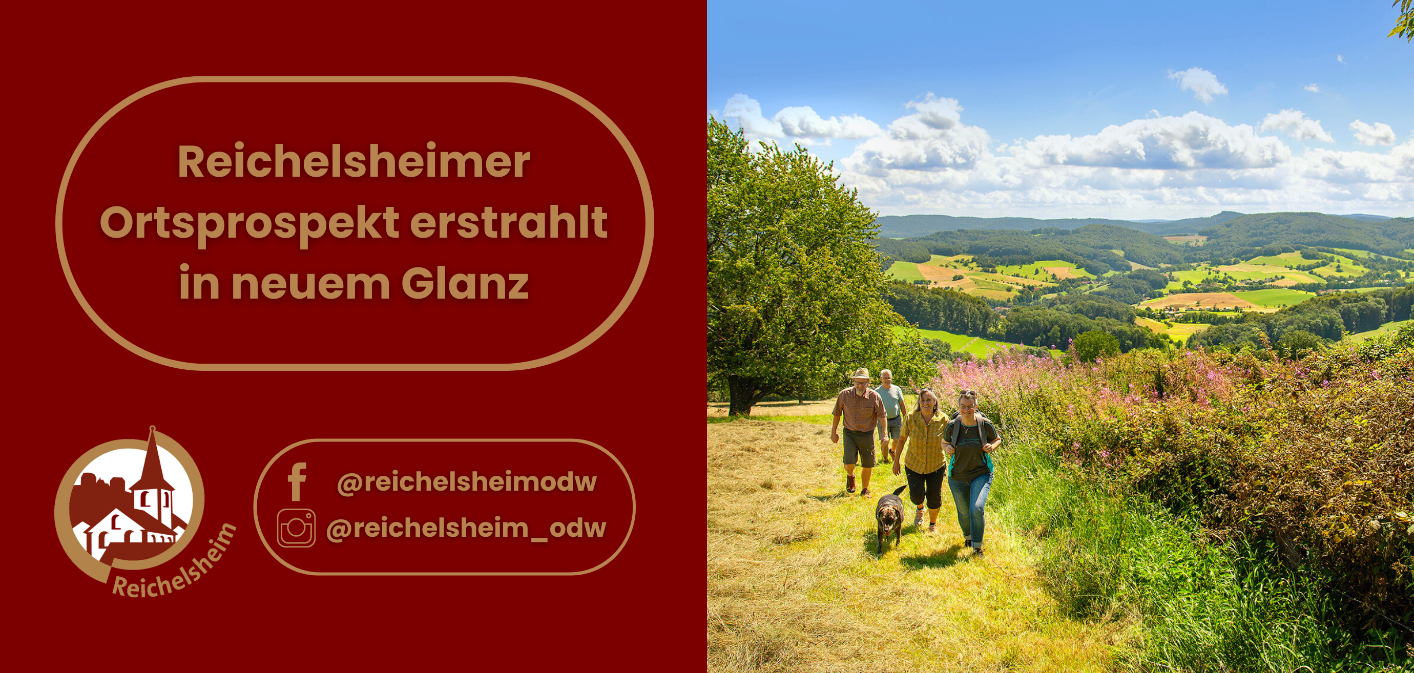 Zweigeteilte Übersicht. Auf der linken Seite ist der Titel des Artikels zu lesen und ein Hinweis auf die Social Media Kanäle der Gemeinde Reichelsheim zu sehen. Auf der rechten Seite ist ein zum Artikel passendes Bild platziert.