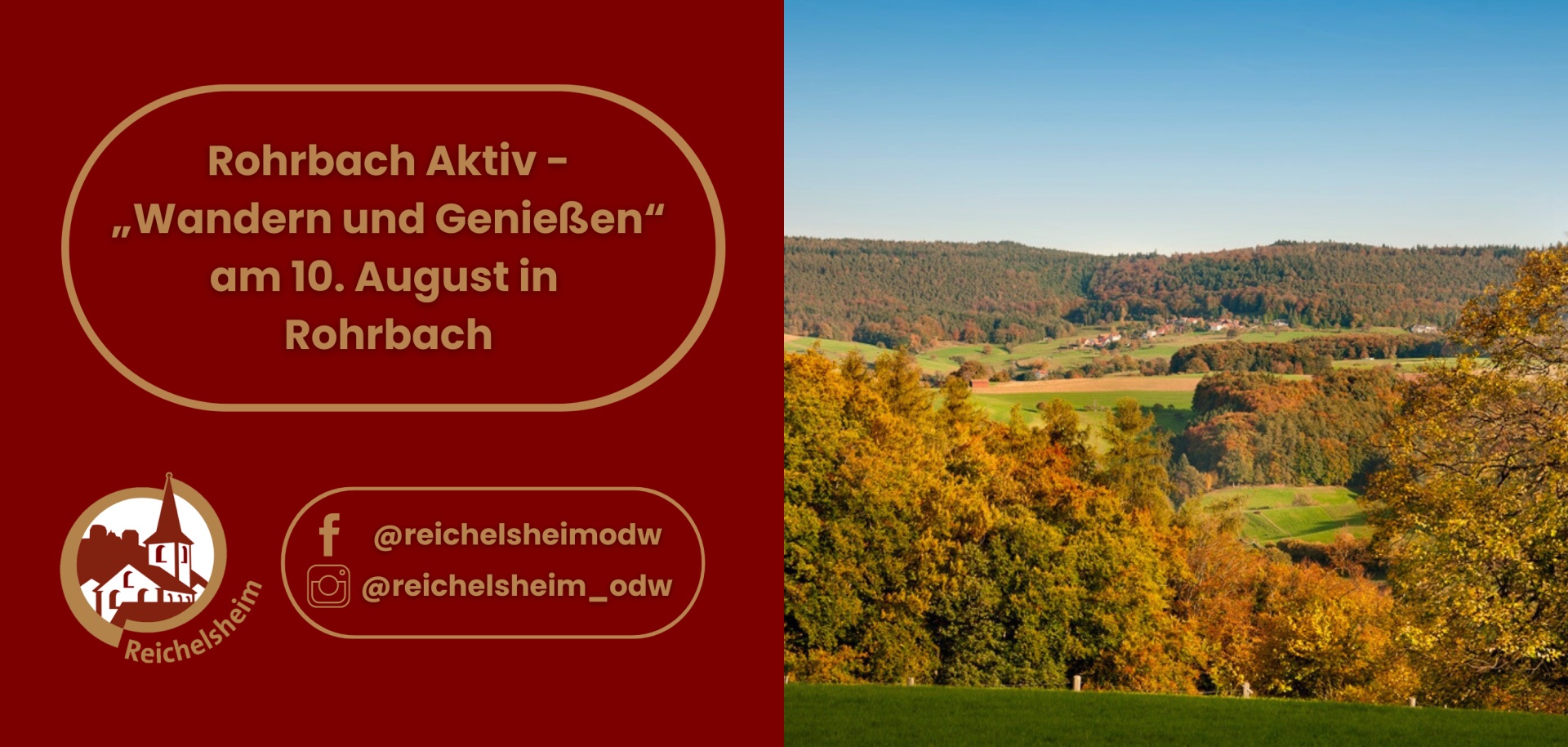 Zweigeteilte Übersicht. Auf der linken Seite ist der Titel des Artikels zu lesen und ein Hinweis auf die Social Media Kanäle der Gemeinde Reichelsheim zu sehen. Auf der rechten Seite ist ein zum Artikel passendes Bild platziert.