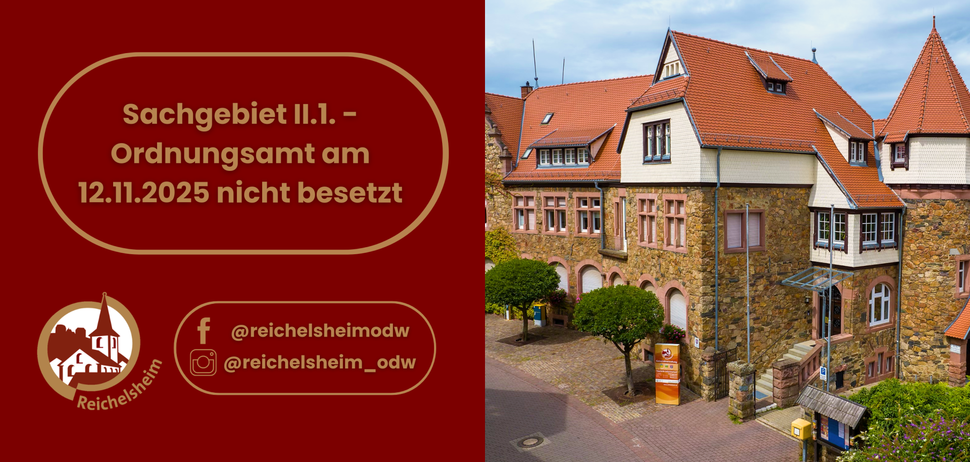 Zweigeteilte Übersicht. Auf der linken Seite ist der Titel des Artikels zu lesen und ein Hinweis auf die Social Media Kanäle der Gemeinde Reichelsheim zu sehen. Auf der rechten Seite ist ein zum Artikel passendes Bild platziert.