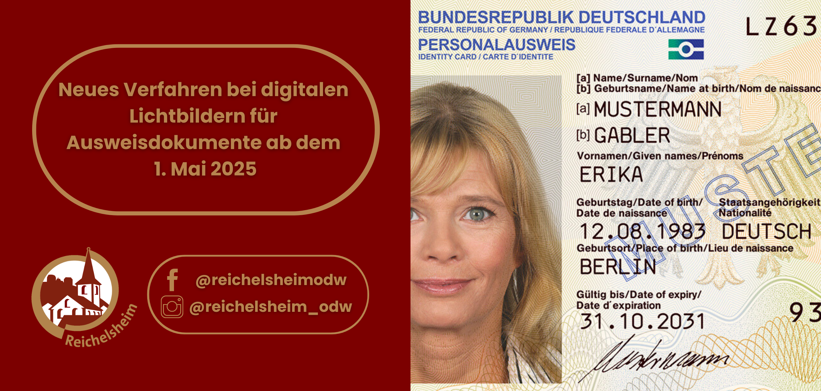 Zweigeteilte Übersicht. Auf der linken Seite ist der Titel des Artikels zu lesen und ein Hinweis auf die Social Media Kanäle der Gemeinde Reichelsheim zu sehen. Auf der rechten Seite ist ein zum Artikel passendes Bild platziert.