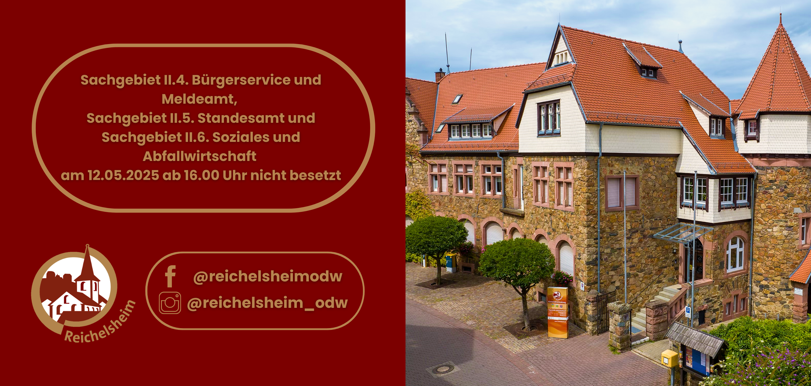 Zweigeteilte Übersicht. Auf der linken Seite ist der Titel des Artikels zu lesen und ein Hinweis auf die Social Media Kanäle der Gemeinde Reichelsheim zu sehen. Auf der rechten Seite ist ein zum Artikel passendes Bild platziert.