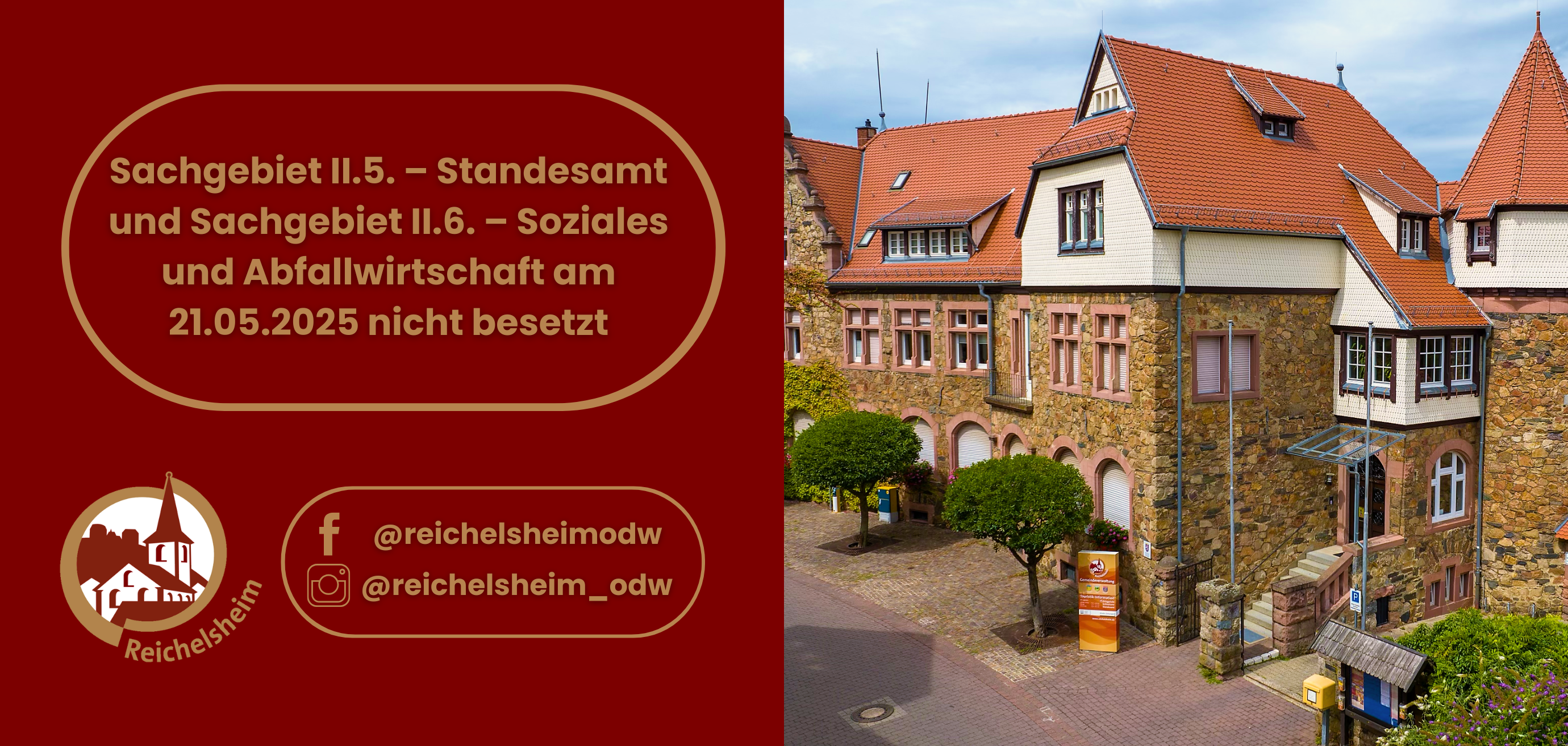 Zweigeteilte Übersicht. Auf der linken Seite ist der Titel des Artikels zu lesen und ein Hinweis auf die Social Media Kanäle der Gemeinde Reichelsheim zu sehen. Auf der rechten Seite ist ein zum Artikel passendes Bild platziert.