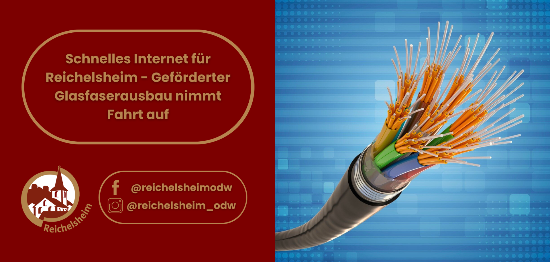 Zweigeteilte Übersicht. Auf der linken Seite ist der Titel des Artikels zu lesen und ein Hinweis auf die Social Media Kanäle der Gemeinde Reichelsheim zu sehen. Auf der rechten Seite ist ein zum Artikel passendes Bild platziert.