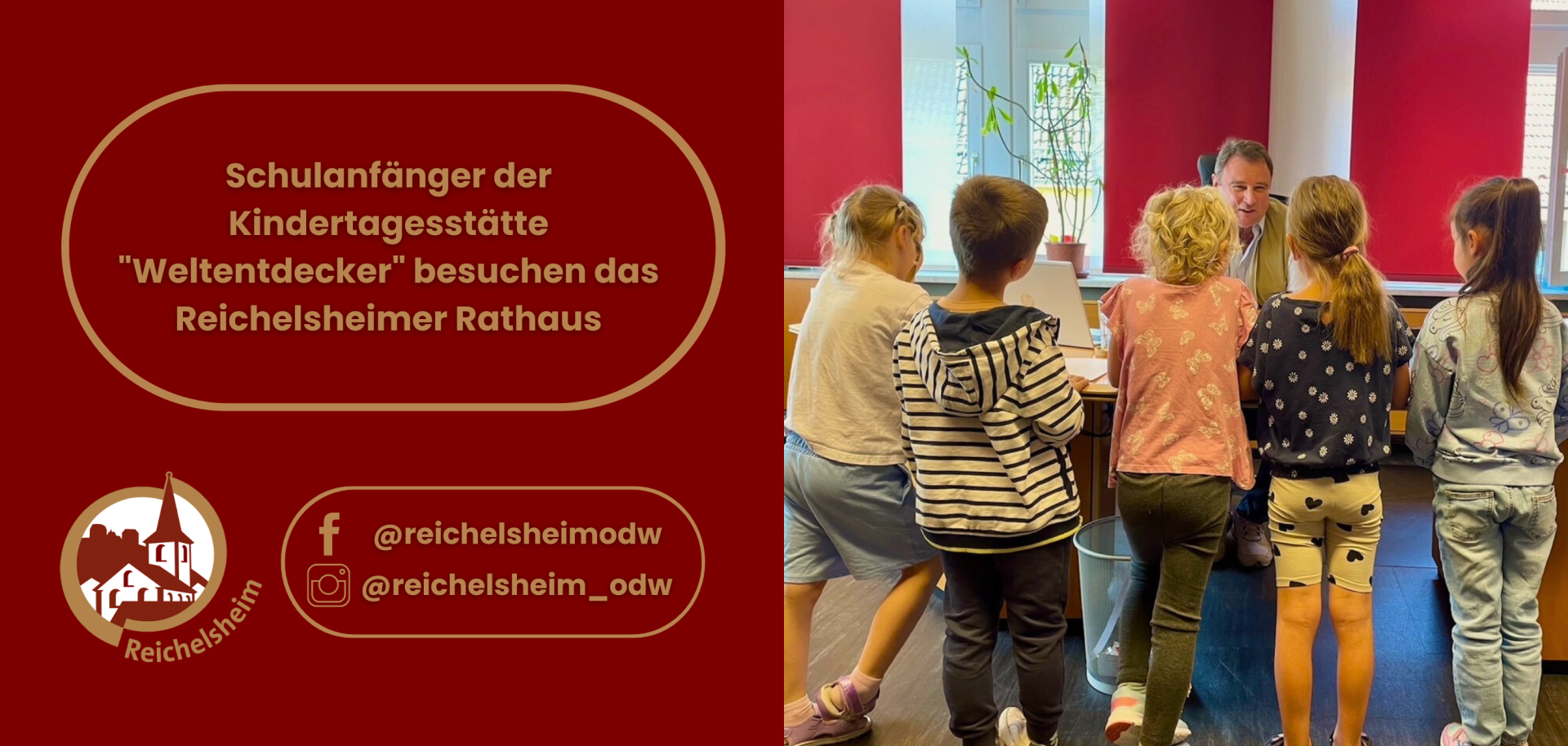 Zweigeteilte Übersicht. Auf der linken Seite ist der Titel des Artikels zu lesen und ein Hinweis auf die Social Media Kanäle der Gemeinde Reichelsheim zu sehen. Auf der rechten Seite ist ein zum Artikel passendes Bild platziert.