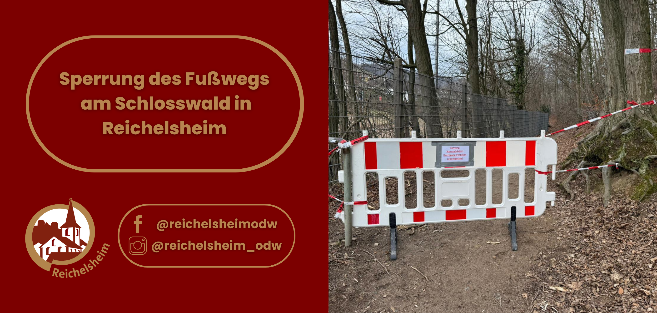 Zweigeteilte Übersicht. Auf der linken Seite ist der Titel des Artikels zu lesen und ein Hinweis auf die Social Media Kanäle der Gemeinde Reichelsheim zu sehen. Auf der rechten Seite ist ein zum Artikel passendes Bild platziert.