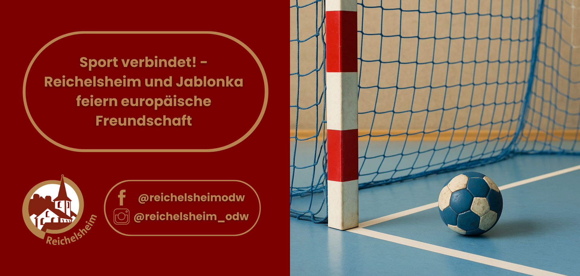 Zweigeteilte Übersicht. Auf der linken Seite ist der Titel des Artikels zu lesen und ein Hinweis auf die Social Media Kanäle der Gemeinde Reichelsheim zu sehen. Auf der rechten Seite ist ein zum Artikel passendes Bild platziert.