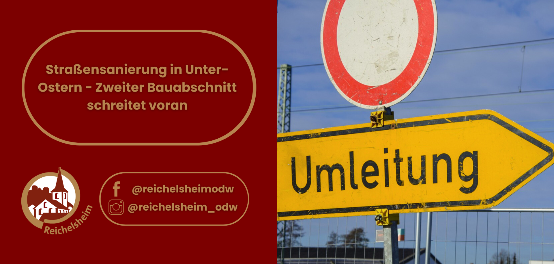 Zweigeteilte Übersicht. Auf der linken Seite ist der Titel des Artikels zu lesen und ein Hinweis auf die Social Media Kanäle der Gemeinde Reichelsheim zu sehen. Auf der rechten Seite ist ein zum Artikel passendes Bild platziert.