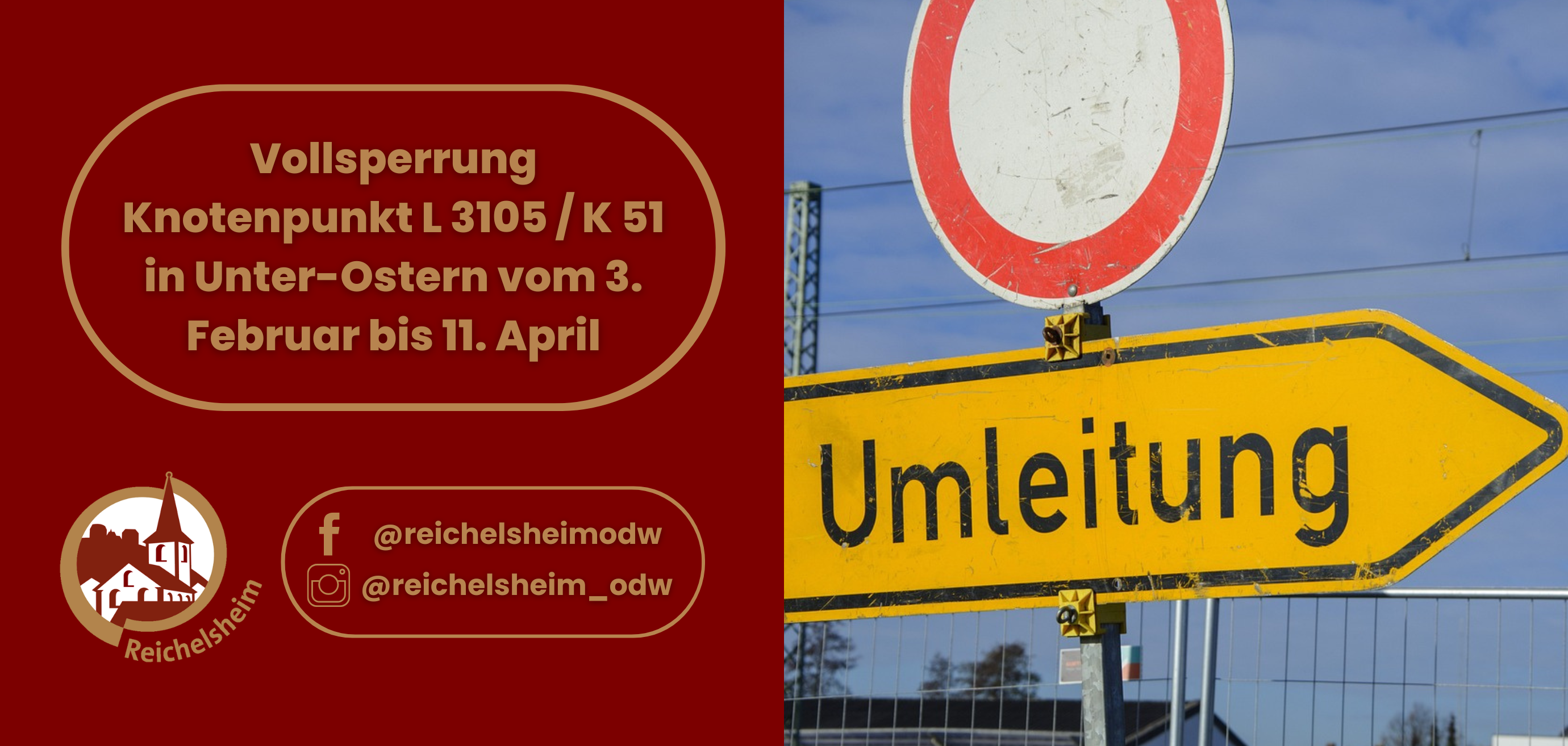 Zweigeteilte Übersicht. Auf der linken Seite ist der Titel des Artikels zu lesen und ein Hinweis auf die Social Media Kanäle der Gemeinde Reichelsheim zu sehen. Auf der rechten Seite ist ein zum Artikel passendes Bild platziert.