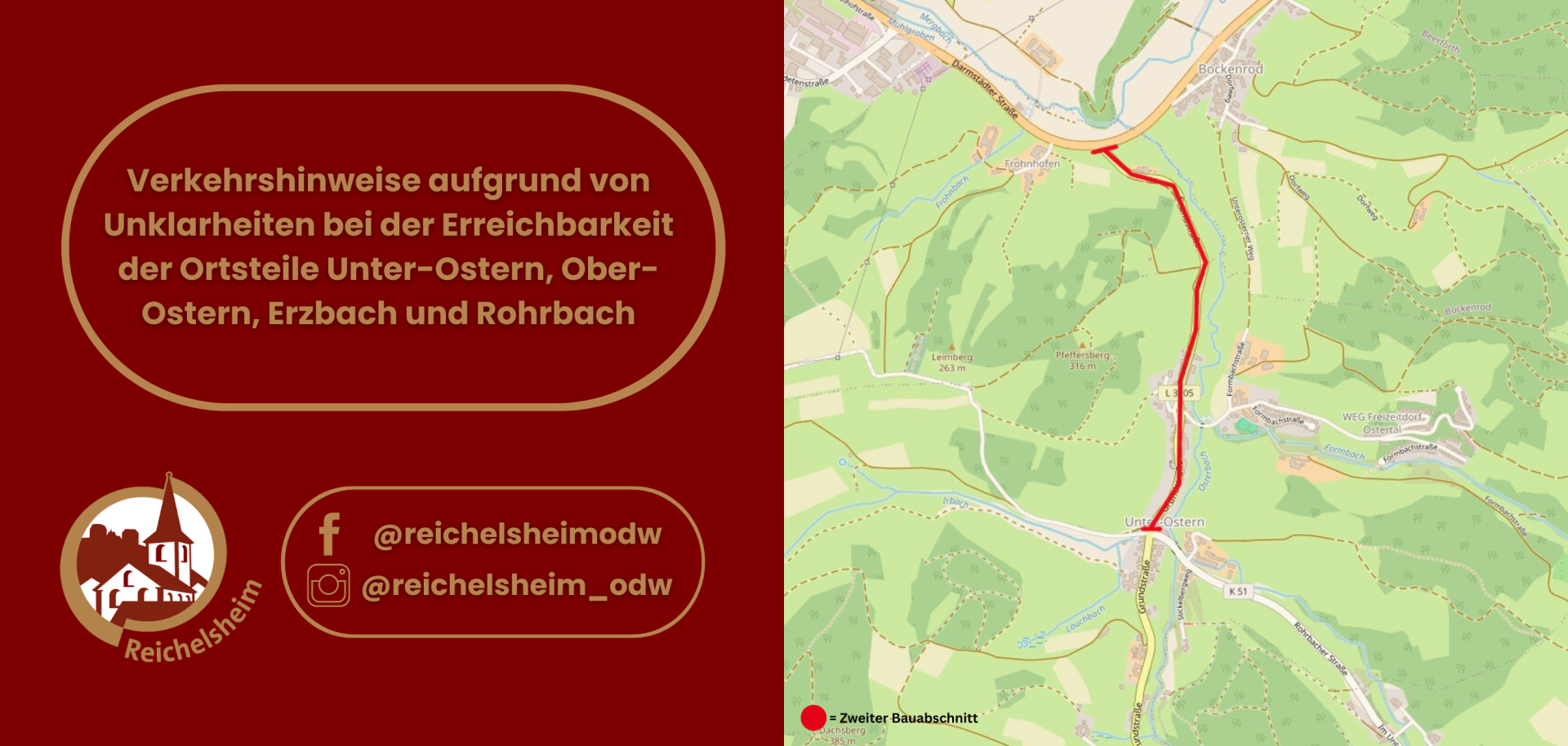 Zweigeteilte Übersicht. Auf der linken Seite ist der Titel des Artikels zu lesen und ein Hinweis auf die Social Media Kanäle der Gemeinde Reichelsheim zu sehen. Auf der rechten Seite ist ein zum Artikel passendes Bild platziert.