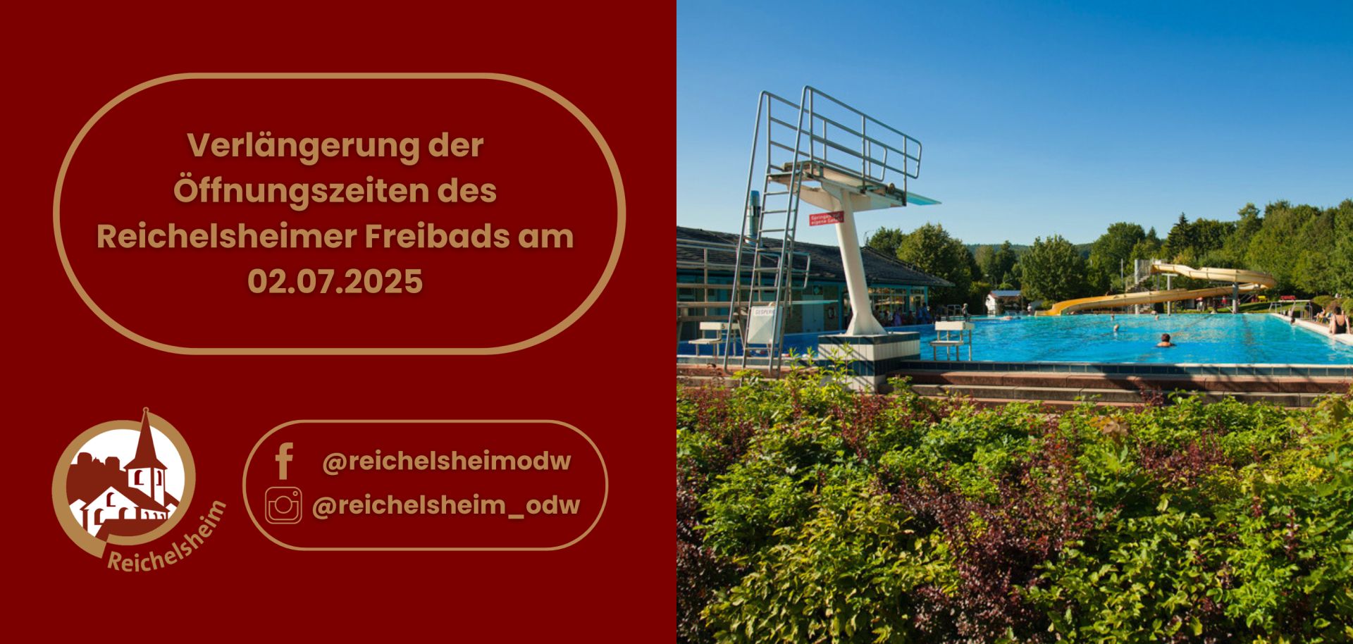 Zweigeteilte Übersicht. Auf der linken Seite ist der Titel des Artikels zu lesen und ein Hinweis auf die Social Media Kanäle der Gemeinde Reichelsheim zu sehen. Auf der rechten Seite ist ein zum Artikel passendes Bild platziert.