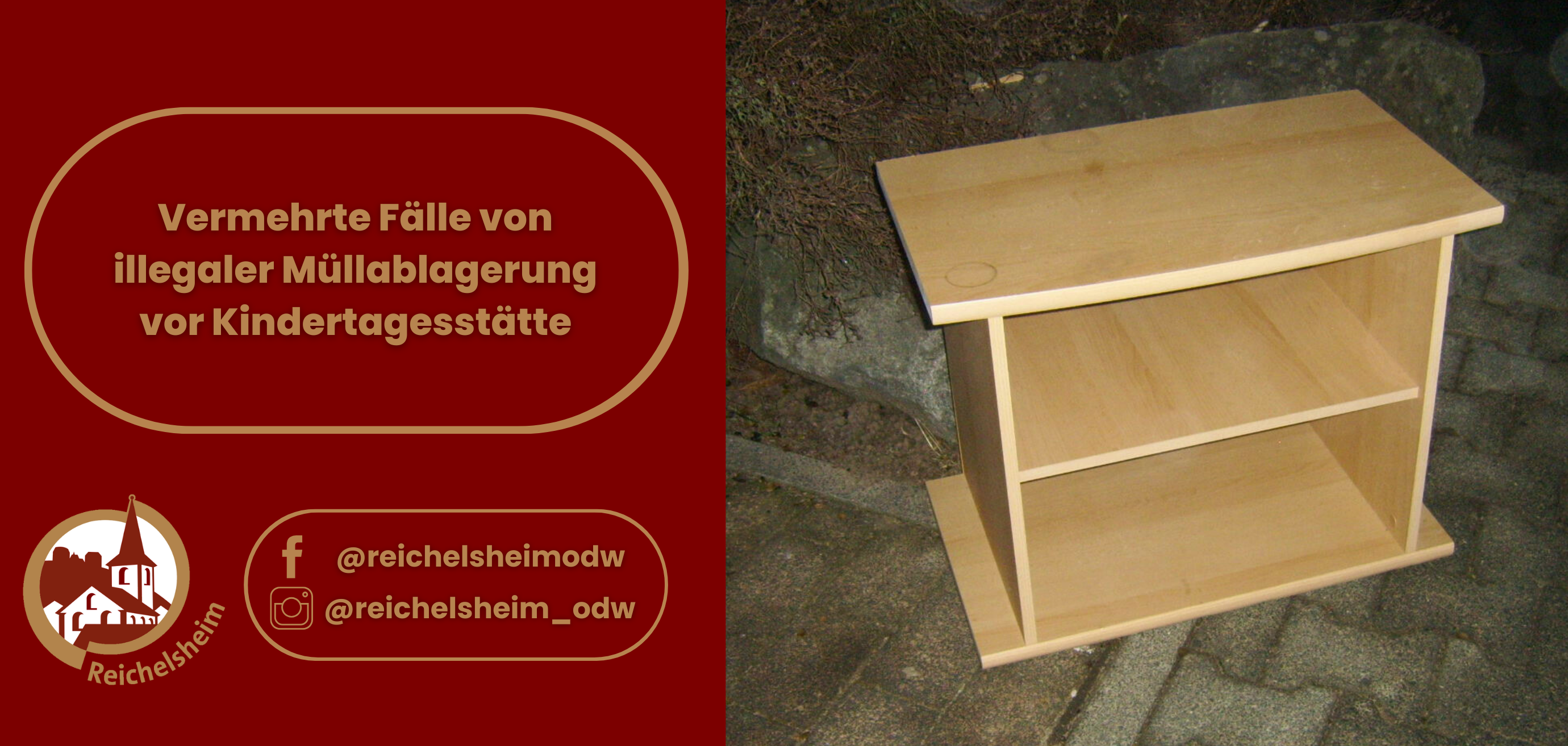 Zweigeteilte Übersicht. Auf der linken Seite ist der Titel des Artikels zu lesen und ein Hinweis auf die Social Media Kanäle der Gemeinde Reichelsheim zu sehen. Auf der rechten Seite ist ein zum Artikel passendes Bild platziert.