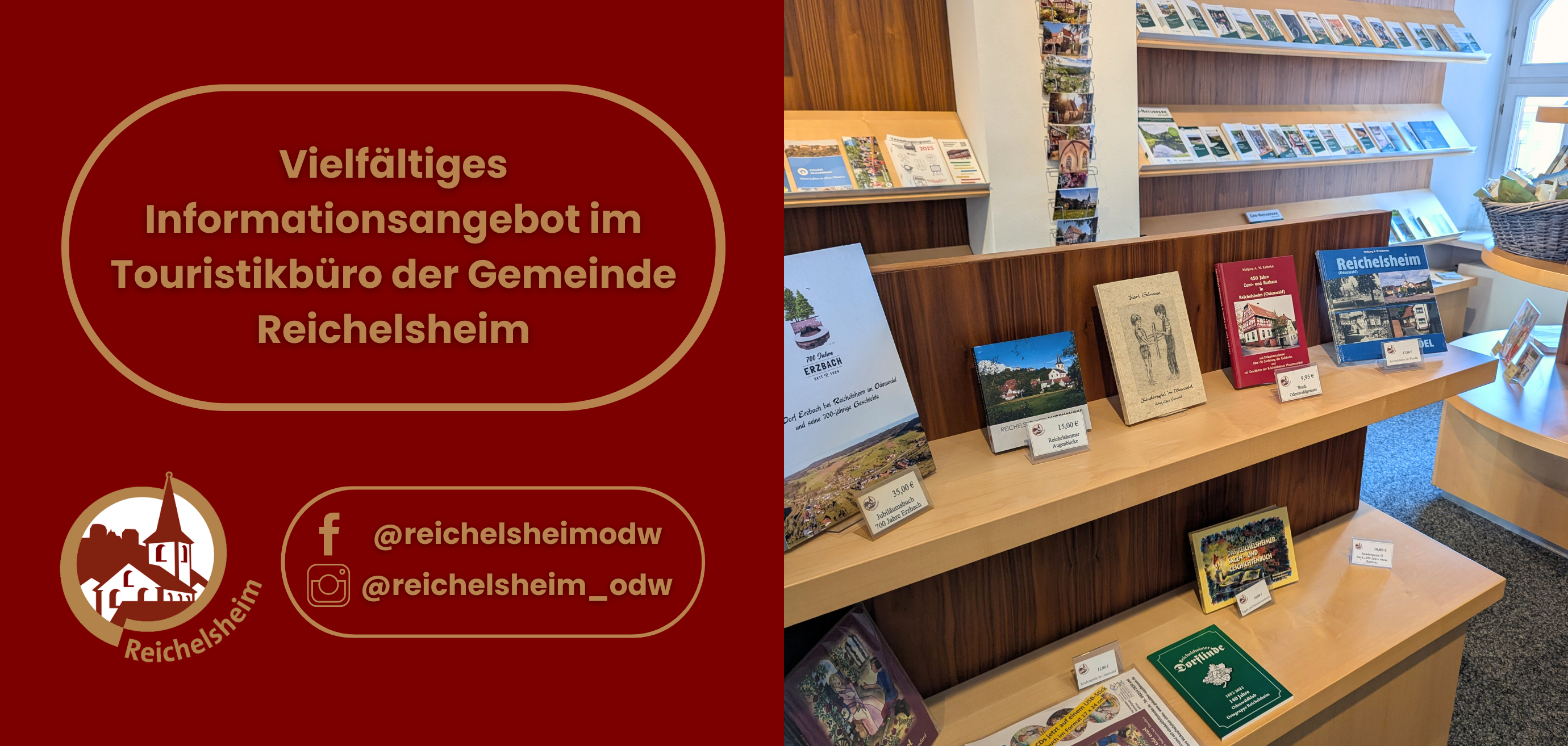 Zweigeteilte Übersicht. Auf der linken Seite ist der Titel des Artikels zu lesen und ein Hinweis auf die Social Media Kanäle der Gemeinde Reichelsheim zu sehen. Auf der rechten Seite ist ein zum Artikel passendes Bild platziert.