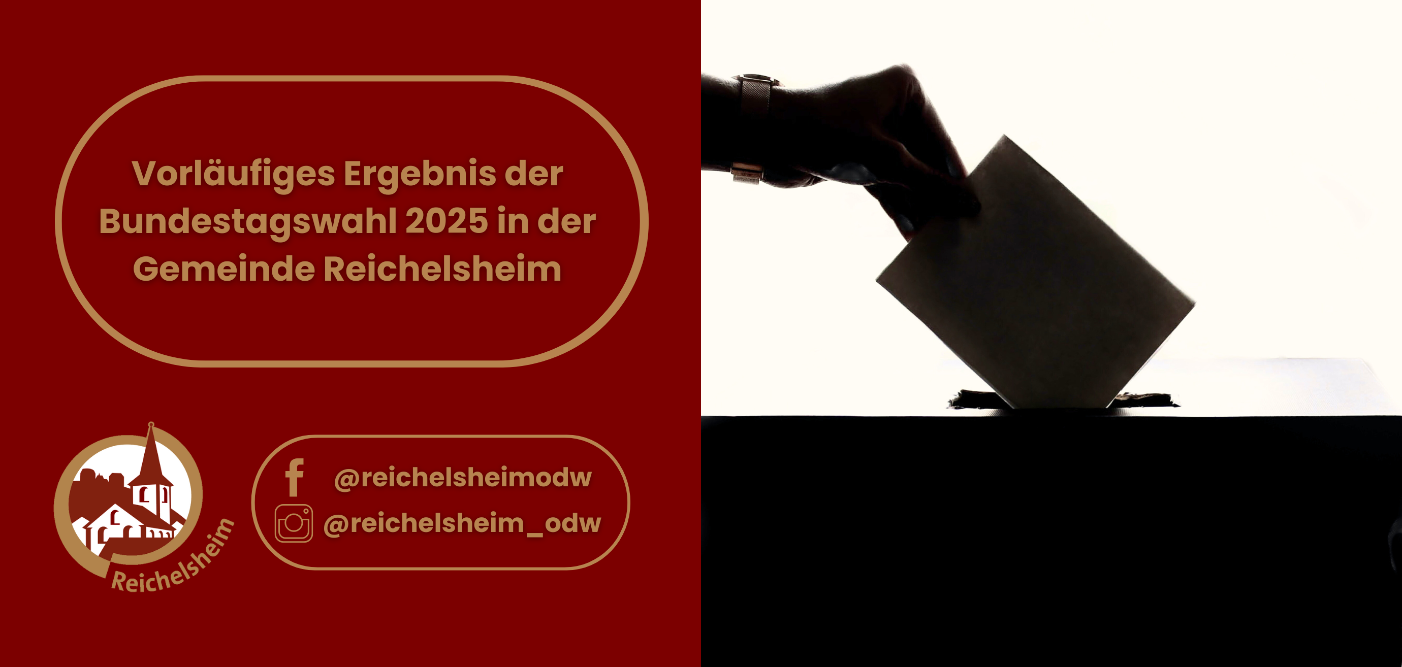 Zweigeteilte Übersicht. Auf der linken Seite ist der Titel des Artikels zu lesen und ein Hinweis auf die Social Media Kanäle der Gemeinde Reichelsheim zu sehen. Auf der rechten Seite ist ein zum Artikel passendes Bild platziert.