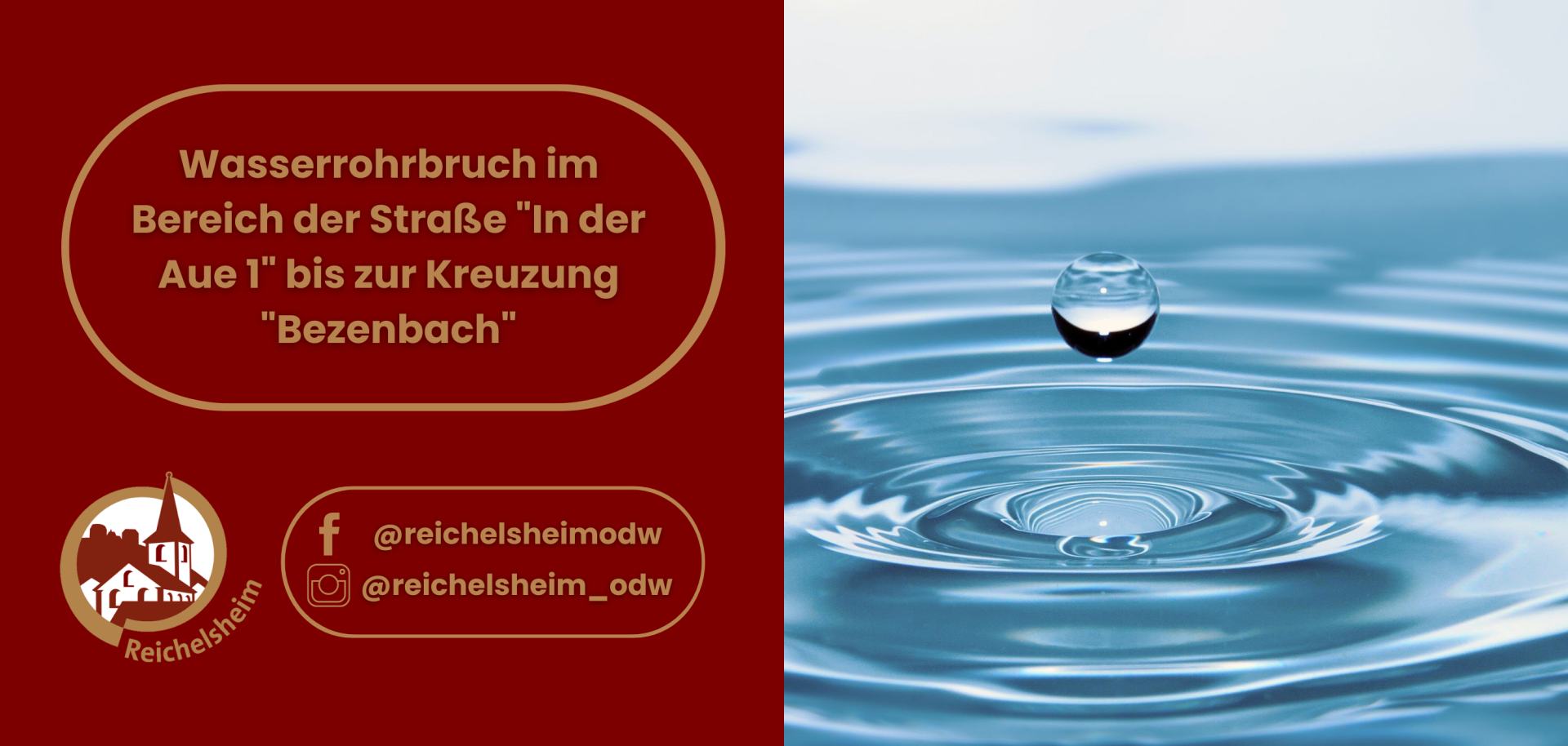 Zweigeteilte Übersicht. Auf der linken Seite ist der Titel des Artikels zu lesen und ein Hinweis auf die Social Media Kanäle der Gemeinde Reichelsheim zu sehen. Auf der rechten Seite ist ein zum Artikel passendes Bild platziert.