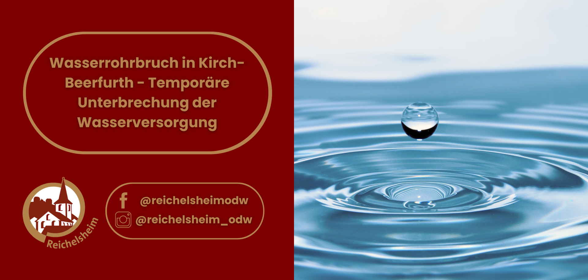 Zweigeteilte Übersicht. Auf der linken Seite ist der Titel des Artikels zu lesen und ein Hinweis auf die Social Media Kanäle der Gemeinde Reichelsheim zu sehen. Auf der rechten Seite ist ein zum Artikel passendes Bild platziert.