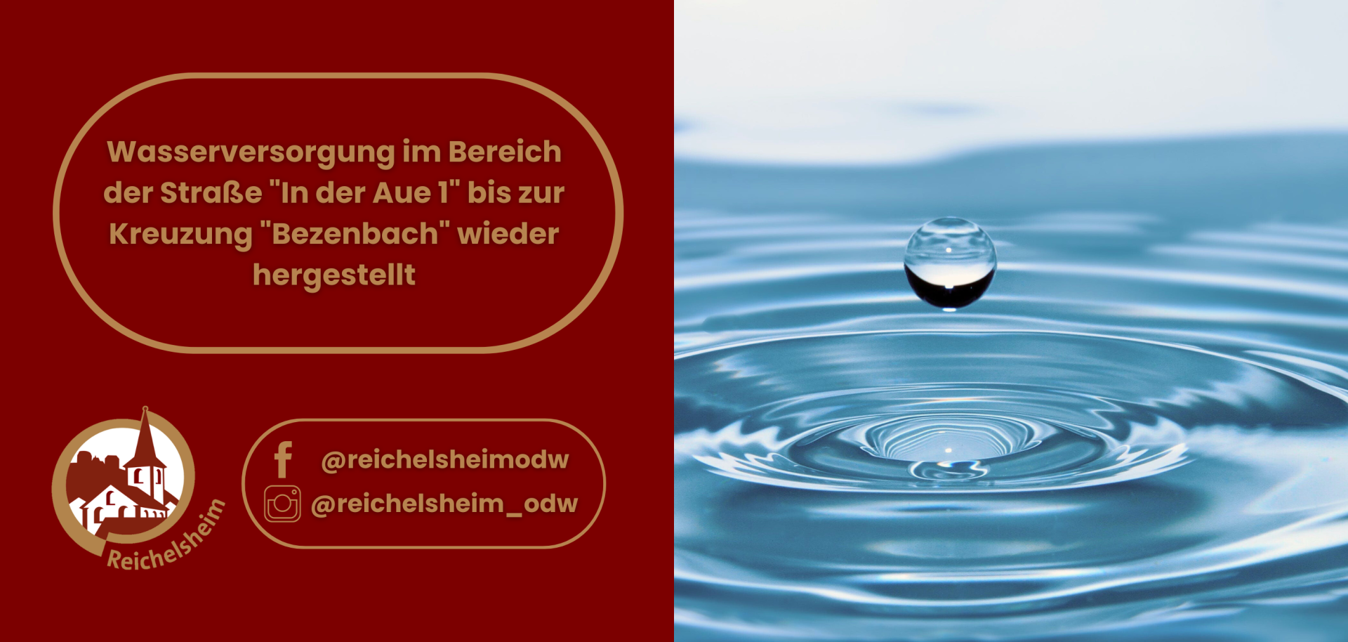 Zweigeteilte Übersicht. Auf der linken Seite ist der Titel des Artikels zu lesen und ein Hinweis auf die Social Media Kanäle der Gemeinde Reichelsheim zu sehen. Auf der rechten Seite ist ein zum Artikel passendes Bild platziert.
