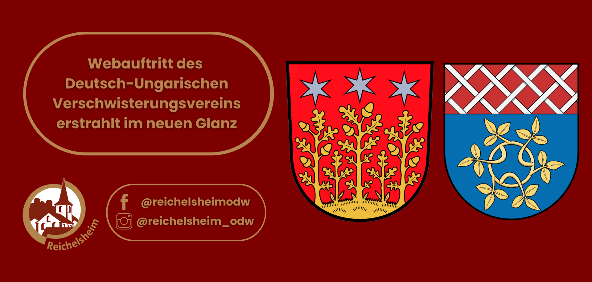 Zweigeteilte Übersicht. Auf der linken Seite ist der Titel des Artikels zu lesen und ein Hinweis auf die Social Media Kanäle der Gemeinde Reichelsheim zu sehen. Auf der rechten Seite ist ein zum Artikel passendes Bild platziert.