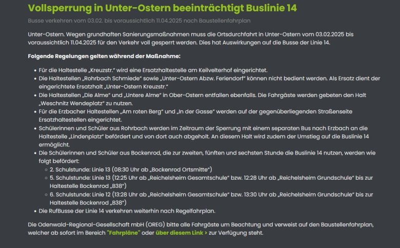 Screenshot einer Pressemitteilung der Odenwälder Regional Gesellschaft über den Baustellenfahrplan aufgrund der Sanierungsarbeiten an der L3105